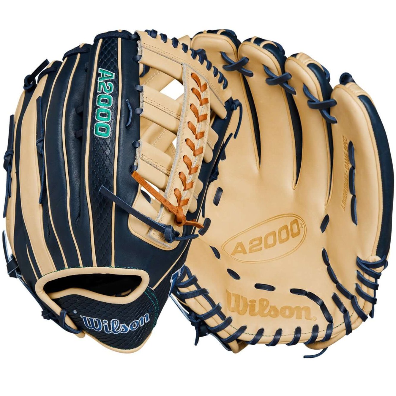Wilson A2000 Julio Rodriguez glove in navy blue and blonde, designed for outfield play, featuring a modified wrist strap.