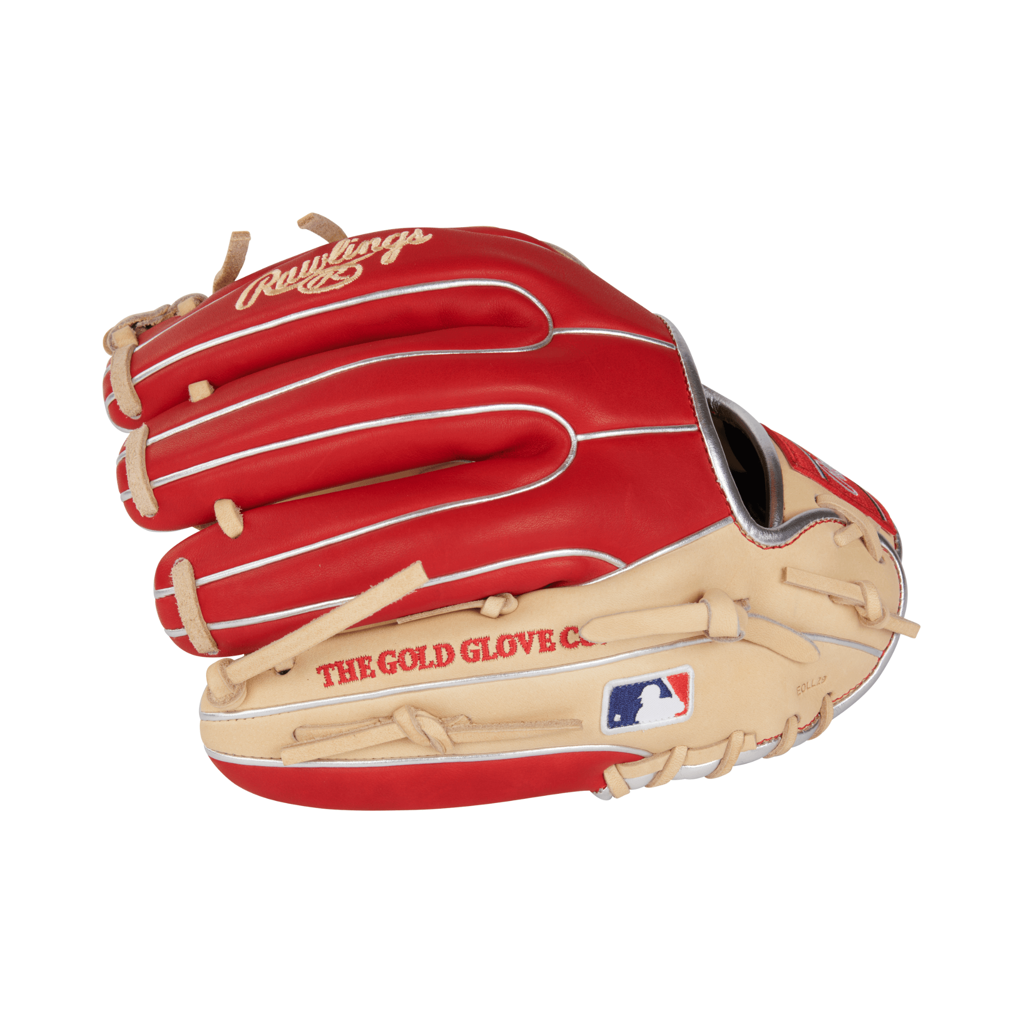 Rawlings R2G Heart of the Hide 11.5-inch infield baseball glove in camel and scarlet colors.