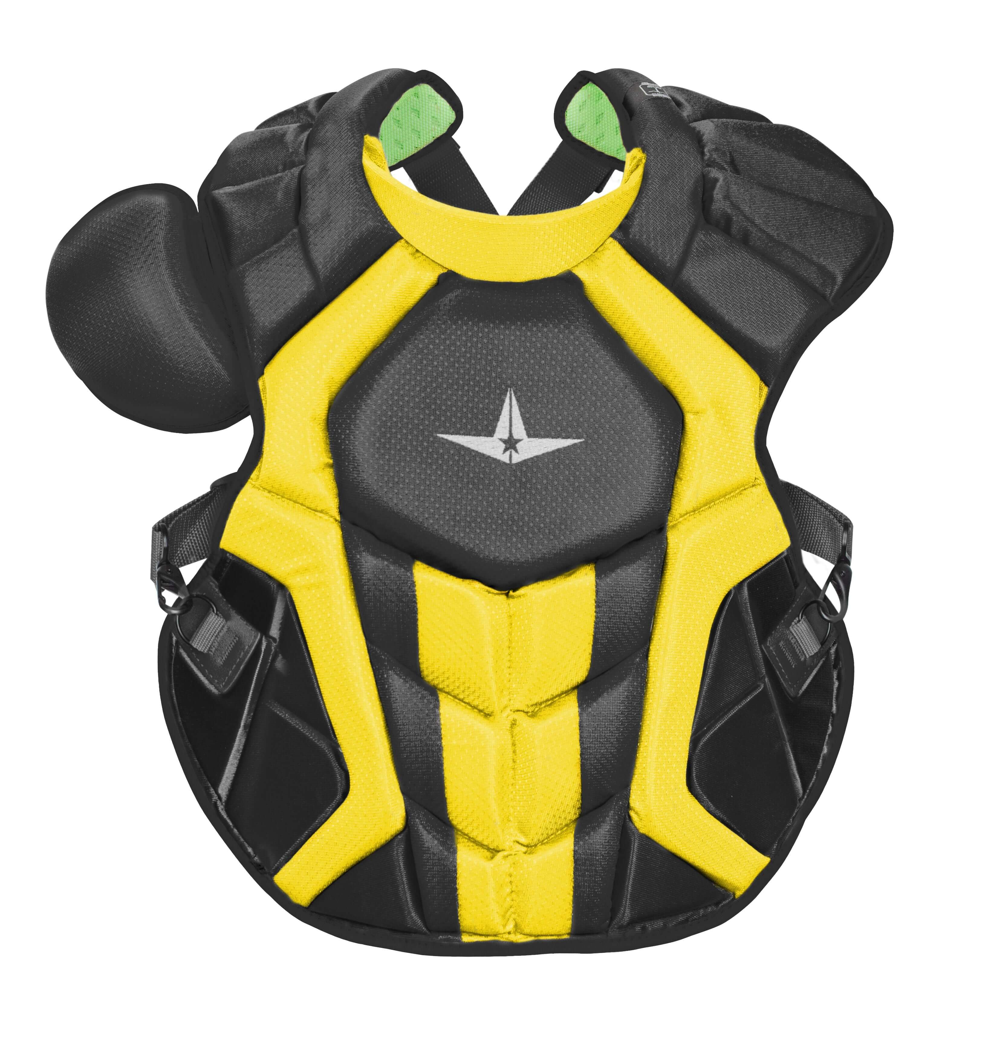 All-Star S7 Axis CC chest protector in black and yellow, designed for adult players, meets NOCSAE standards, and features molded protection.
