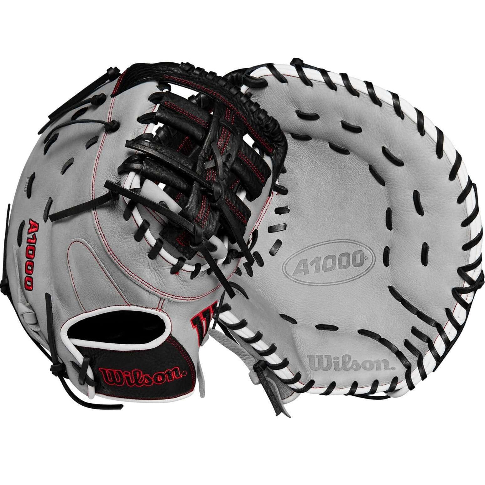 Wilson 2024 A1000 1620 Baseball First Base Mitt in black and grey, showcasing unique design and craftsmanship.