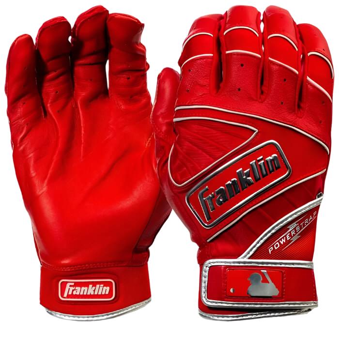 Franklin Powerstrap Chrome Batting Gloves in red, made of premium sheepskin leather for superior fit and performance.