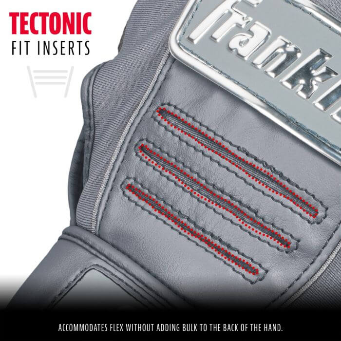 Franklin CFX Pro batting gloves showing tectonic fit inserts for enhanced flex and comfort in gray color.