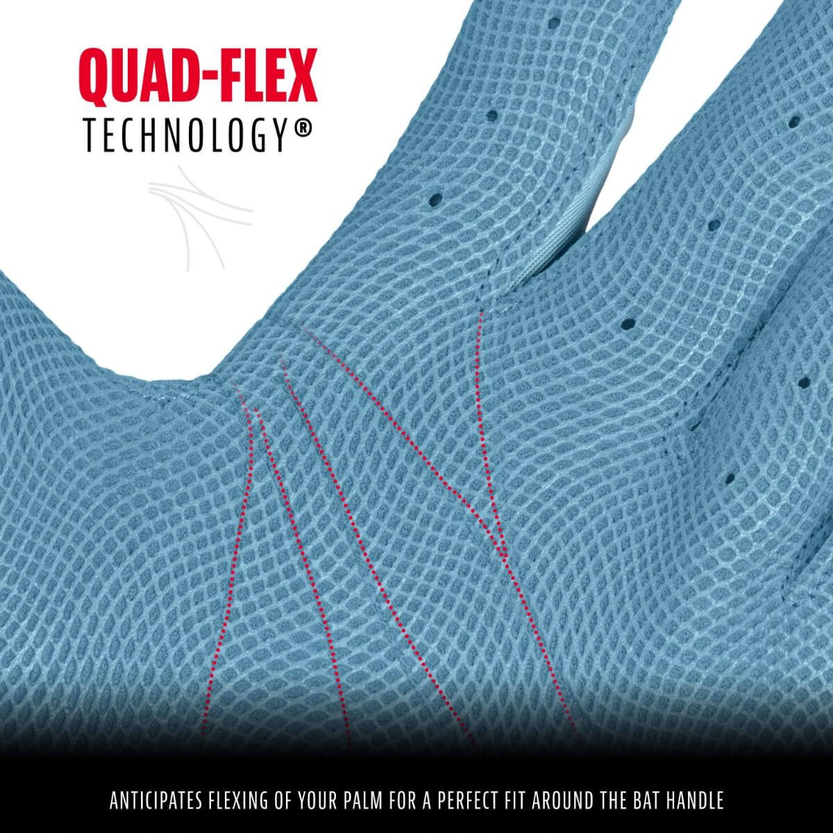 Close-up of Franklin MLB batting gloves showcasing Quad-Flex Technology for optimal grip and fit around the bat handle.