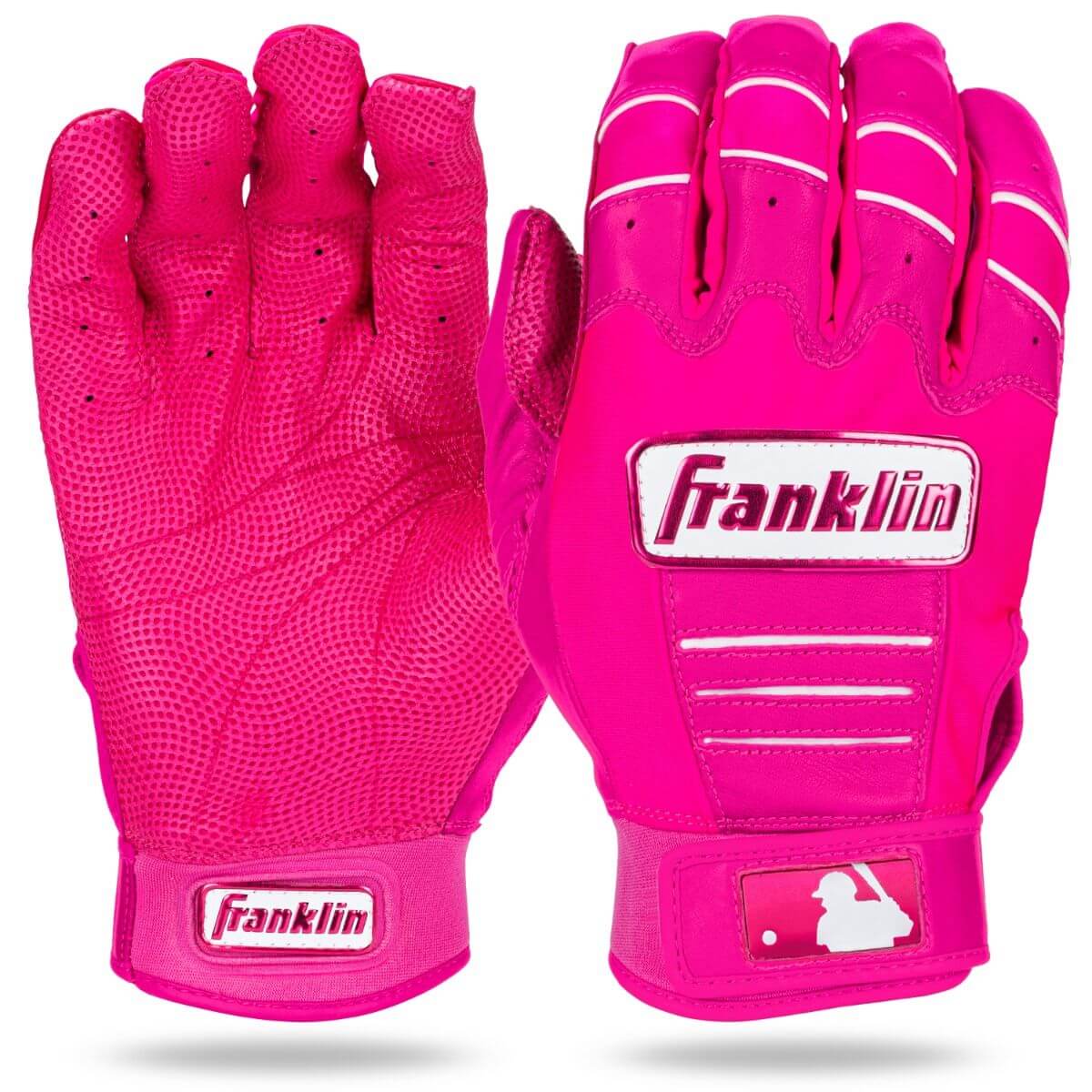 Franklin MLB CFX Pro Hi-Lite batting gloves in vibrant pink, designed for baseball and softball players, featuring premium sheepskin leather.