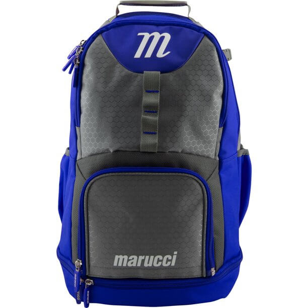 Marucci F5 Bat Pack in blue and gray, featuring breathable compartment, removable logo panel, and durable carry handle.