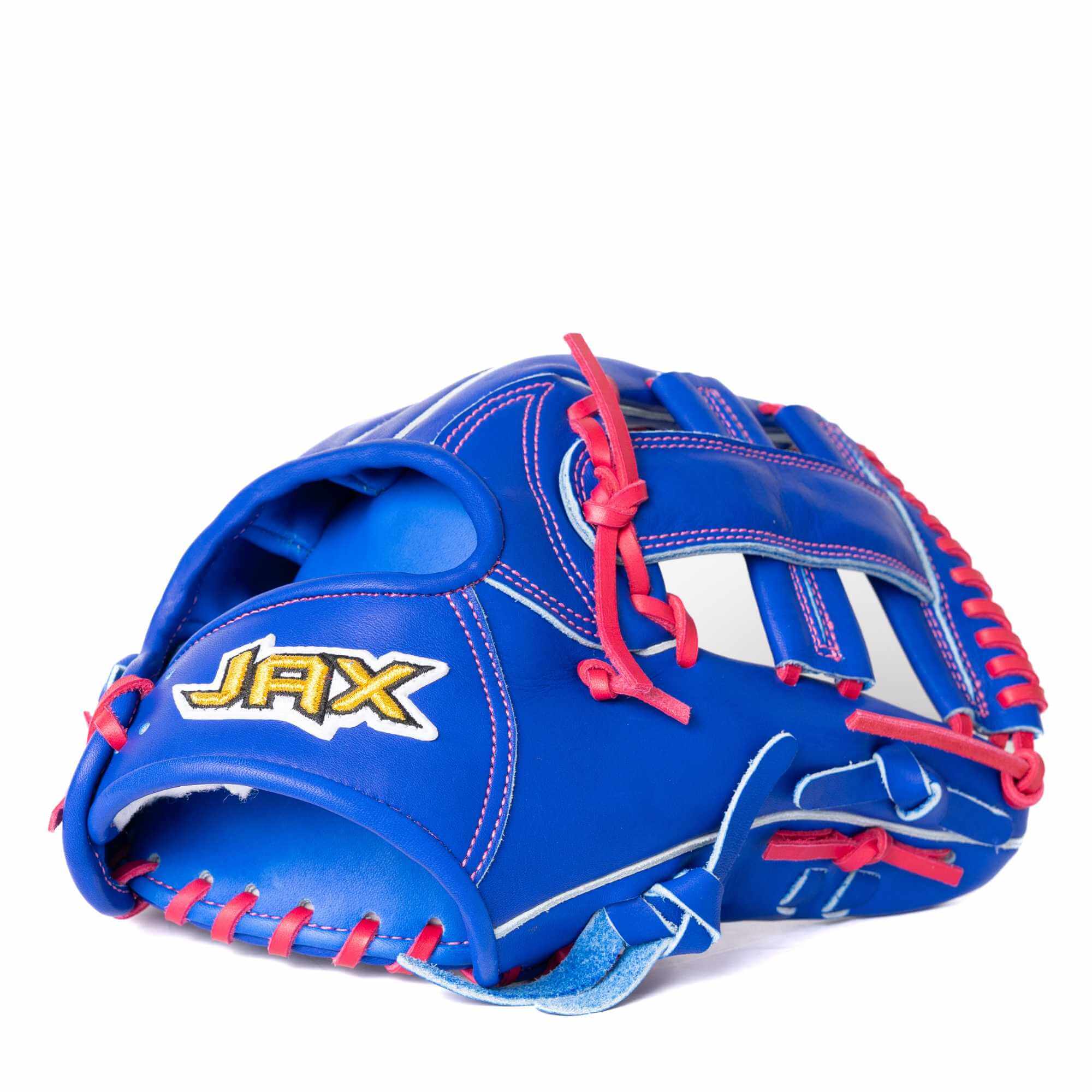 Rear view of Jax EN-7 glove, highlighting pink laces and split gray welting design.