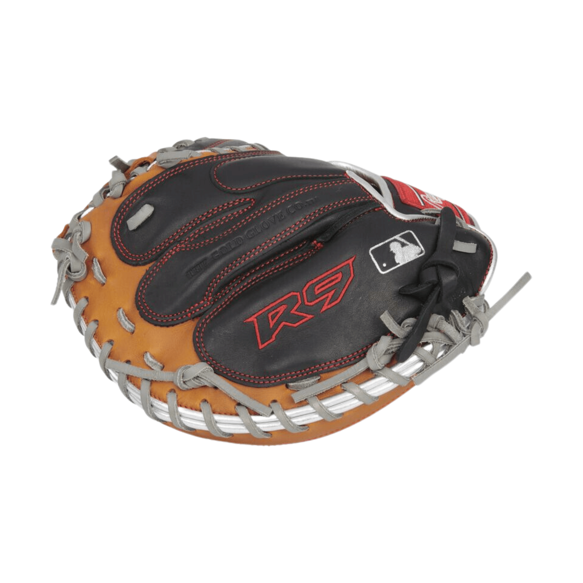 Rawlings R9 Contour Baseball Catcher's Mitt in black and tan, designed for younger players' ease and skill development.