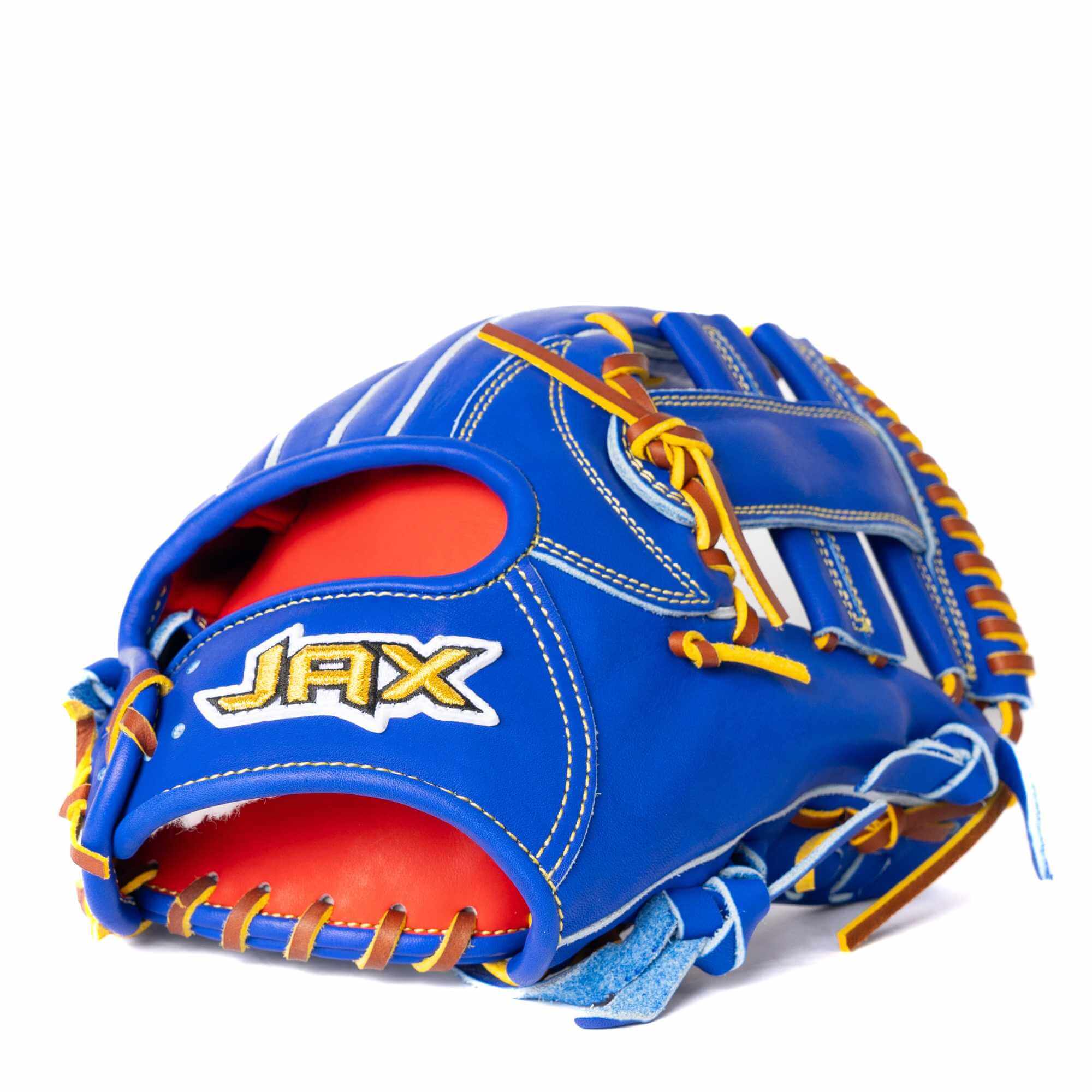 Side backhand view of Jax EN-7 Fielding Glove Blue Single Post 11.5-inch.