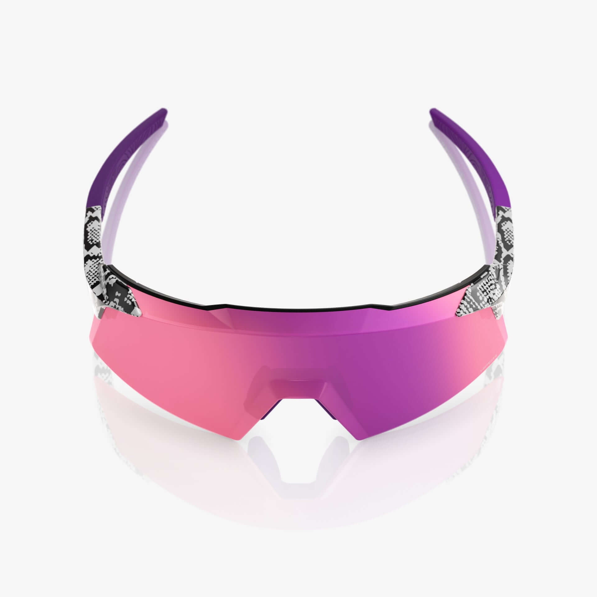 Front view of 100% Aerocraft LE Elly 3 Gloss White - Purple Mirror Lens sunglasses with sleek purple arms.
