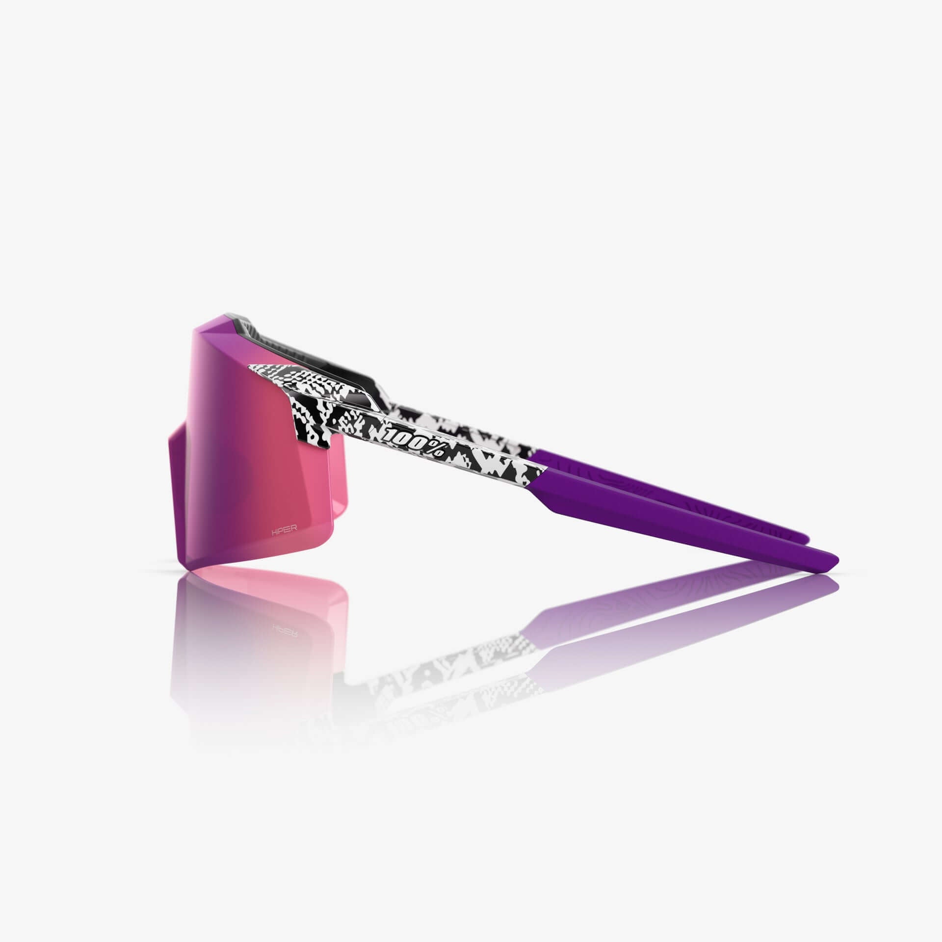 Side view of 100% Aerocraft LE Elly 3 Gloss White sunglasses with Purple Mirror Lens and purple arms.