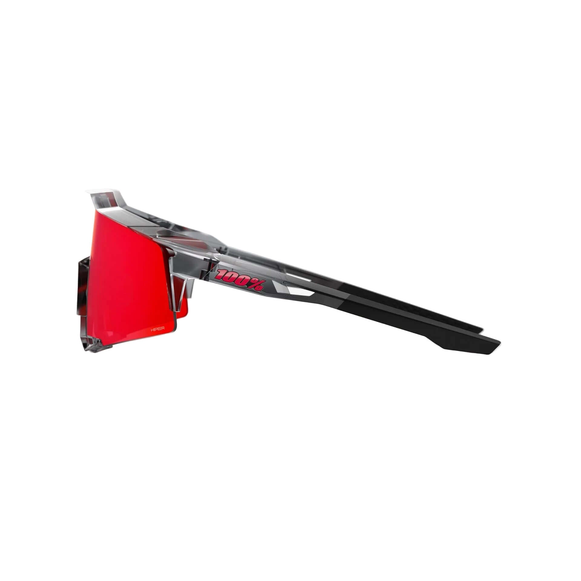 Side view of 100% Speedcraft MLB Polished Translucent Grey - HiPER Fire Red Mirror Lens sunglasses highlighting aerodynamic design.