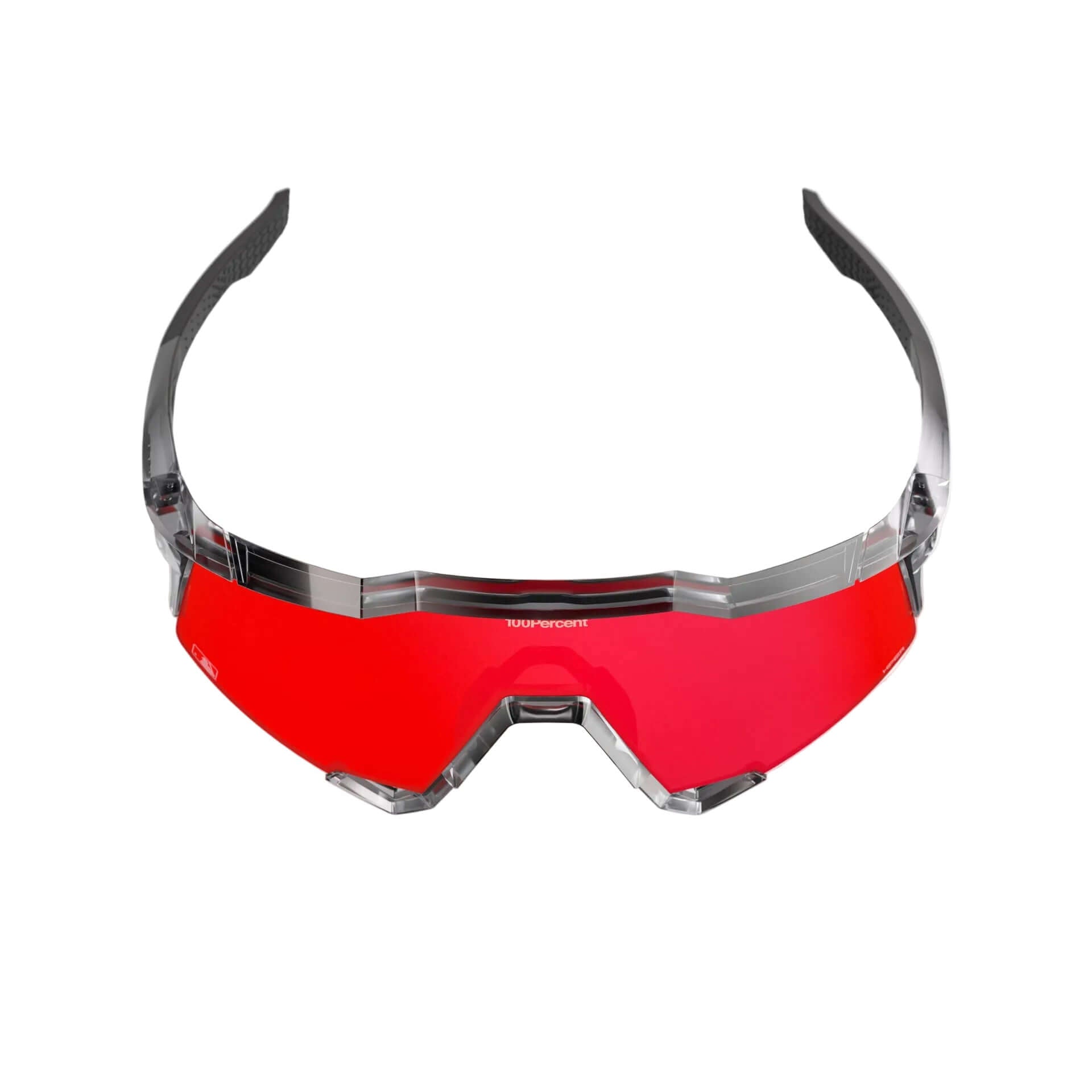 Top view of 100% Speedcraft MLB Polished Translucent Grey - HiPER Fire Red Mirror Lens sunglasses highlighting aerodynamic design.
