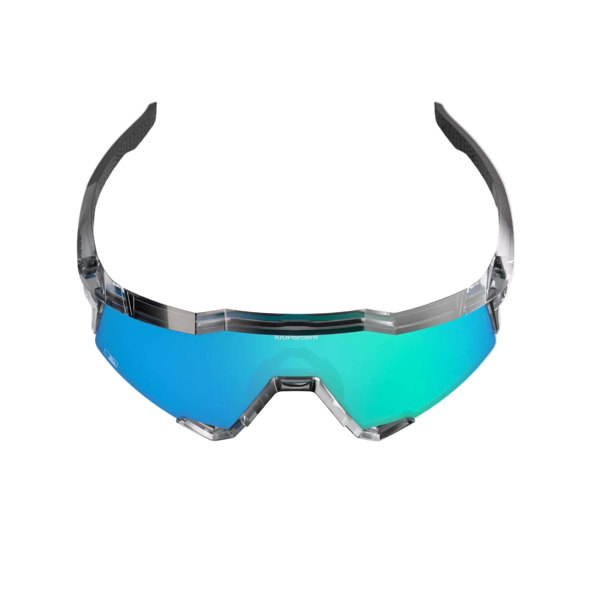 Top view of 100% Speedcraft MLB Polished Translucent Grey - Blue Topaz Mirror Lens sunglasses highlighting the distinct shield design.