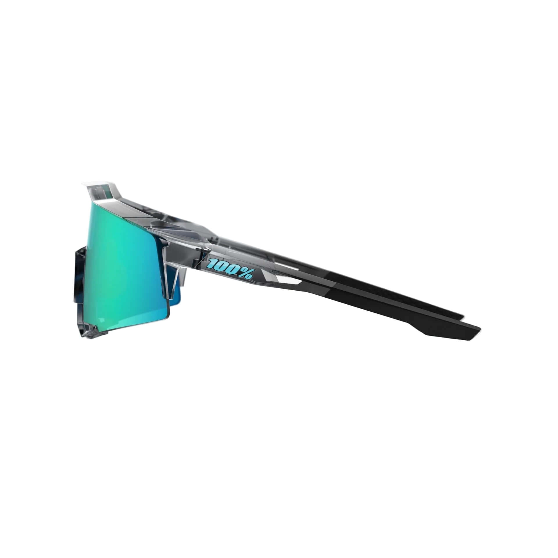 Side view of 100% Speedcraft MLB Polished Translucent Grey - Blue Topaz Mirror Lens sunglasses with visible logo on temple.