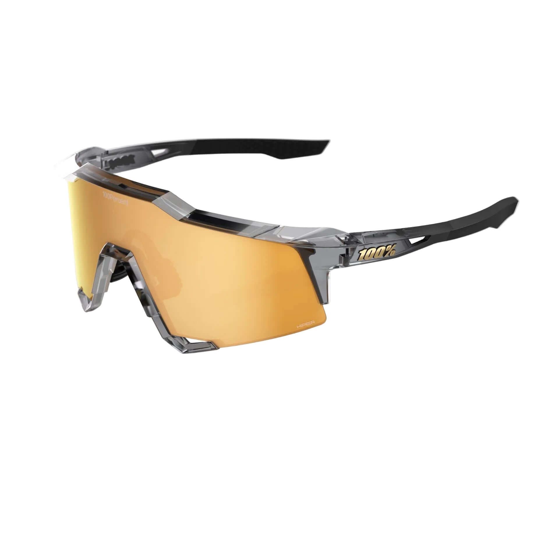 Side view of 100% Speedcraft MLB Polished Translucent Grey - HiPER 24K Gold Mirror Lens sunglasses with sleek frame design.