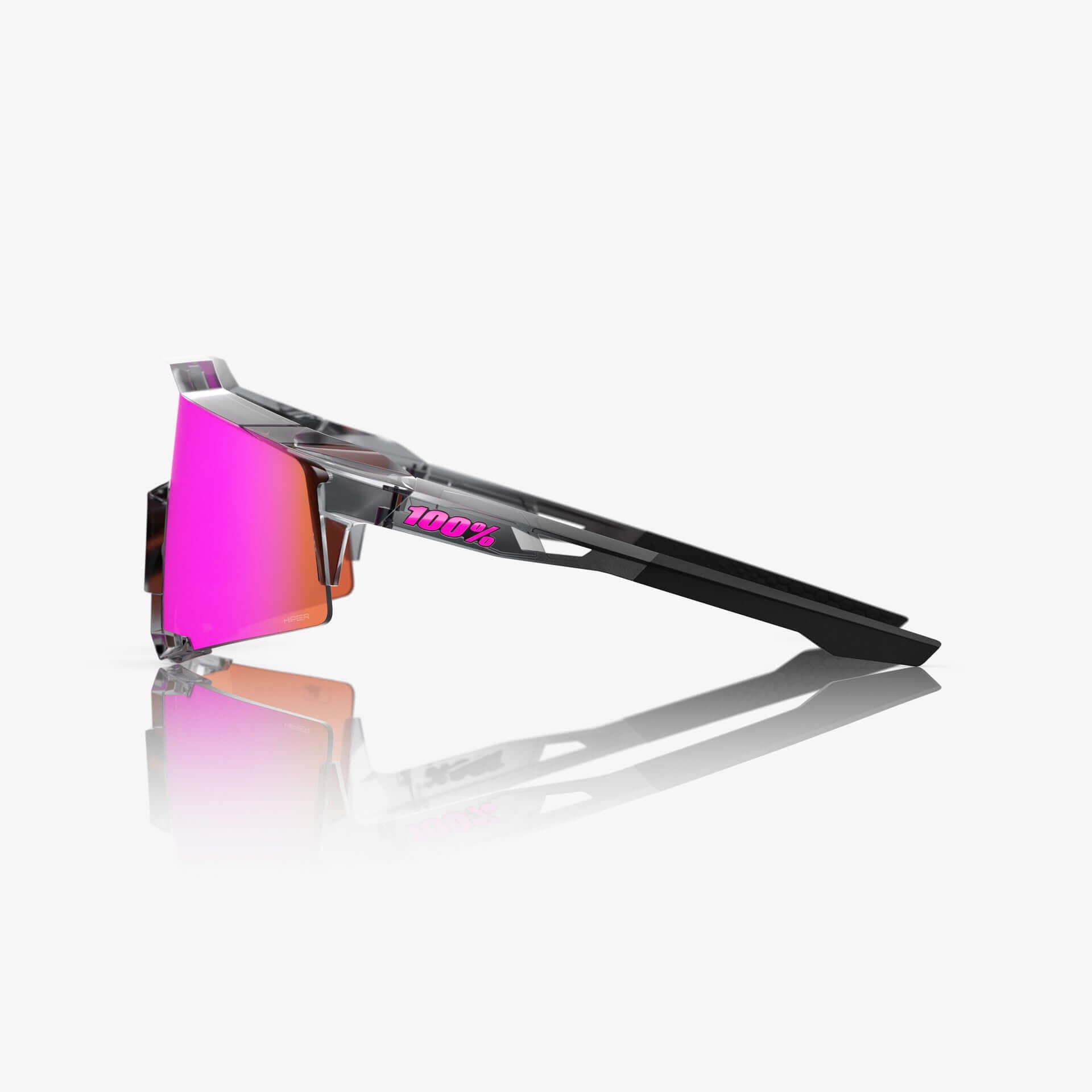 Side view of 100% Speedcraft MLB Polished Translucent Grey sunglasses with HiPER Vital Pink Mirror Lens