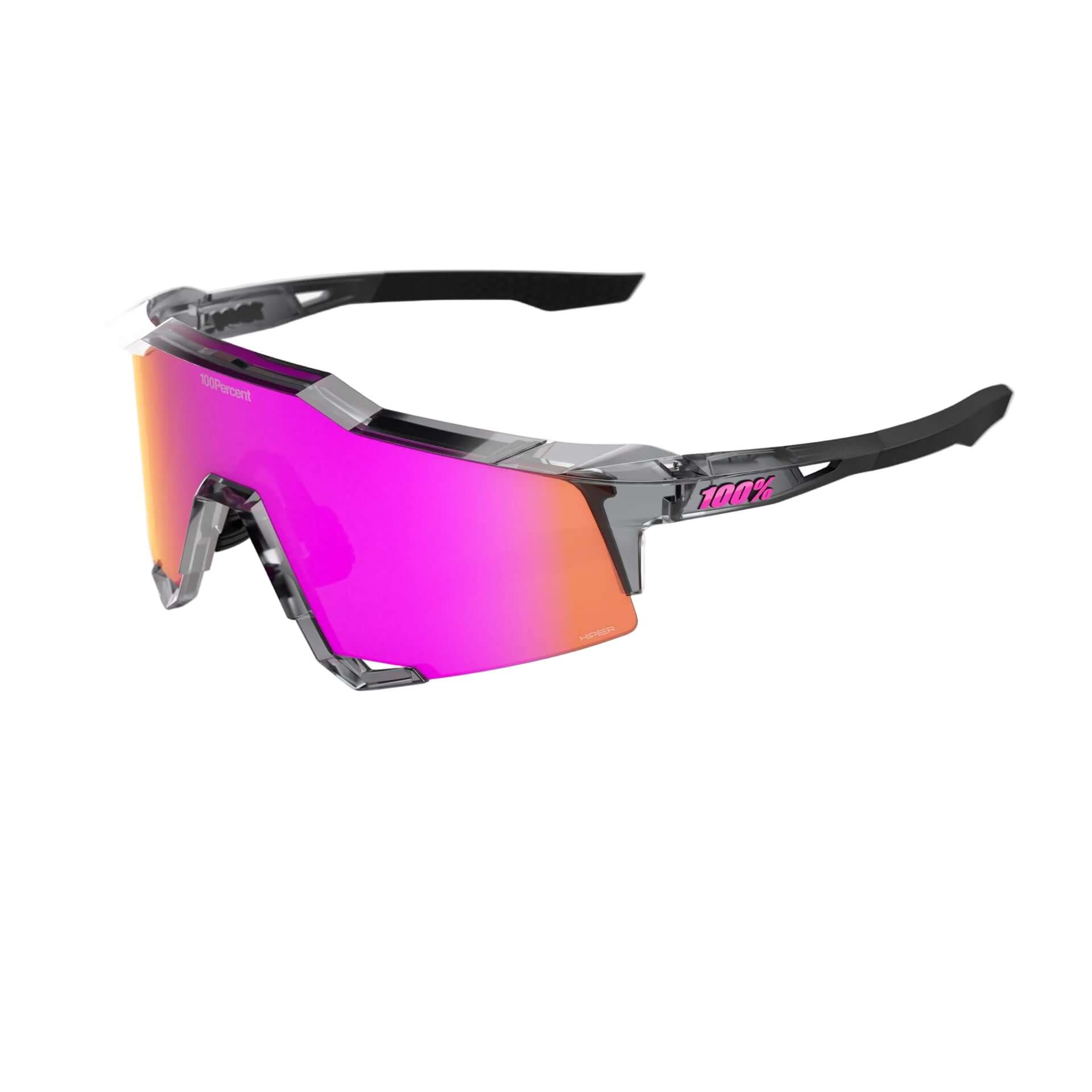 100% Speedcraft MLB Polished Translucent Grey - HiPER Vital Pink Mirror Lens side view sunglasses with aerodynamic design.
