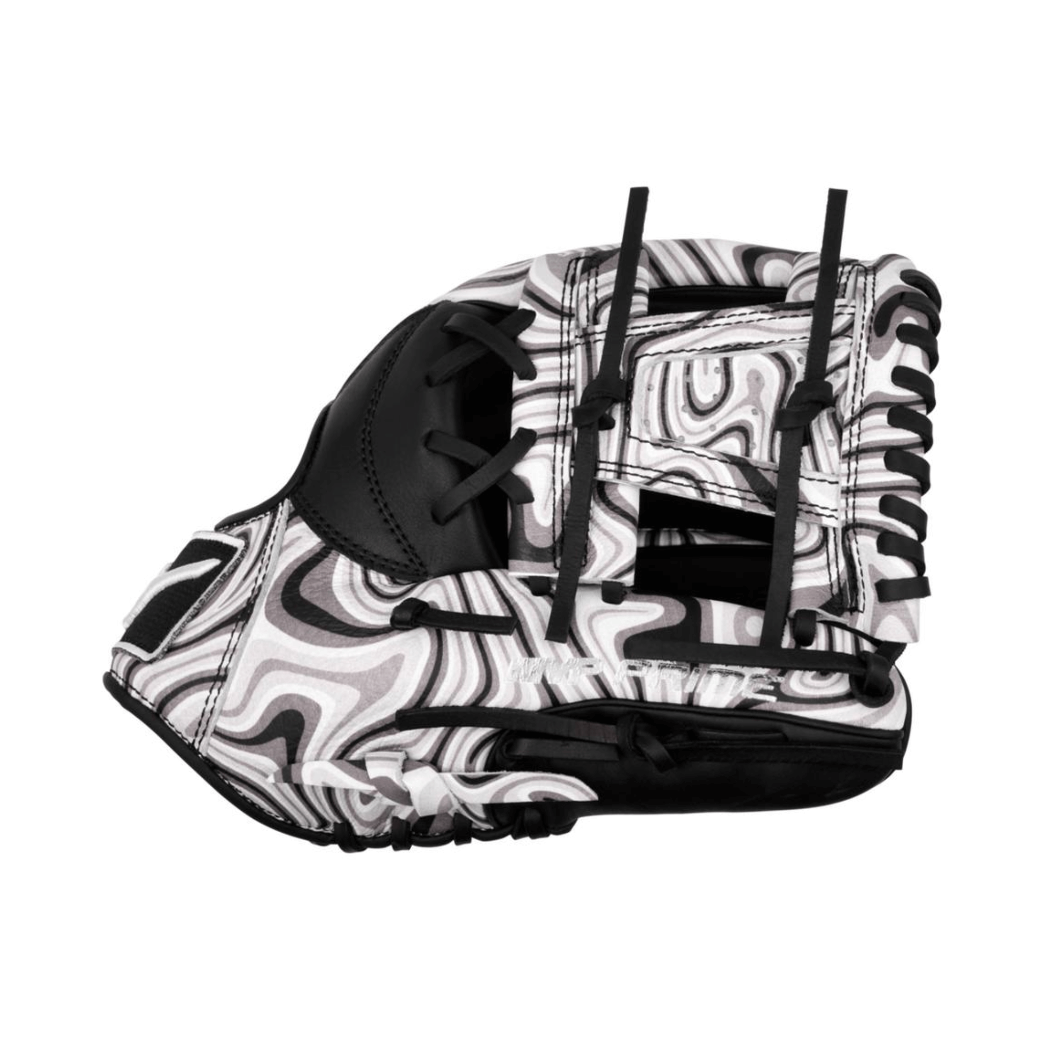 Close-up of thumb area on Mizuno MVP Prime M-Print 11.5" Oil Slick glove with Mizuno branding and smooth leather finish