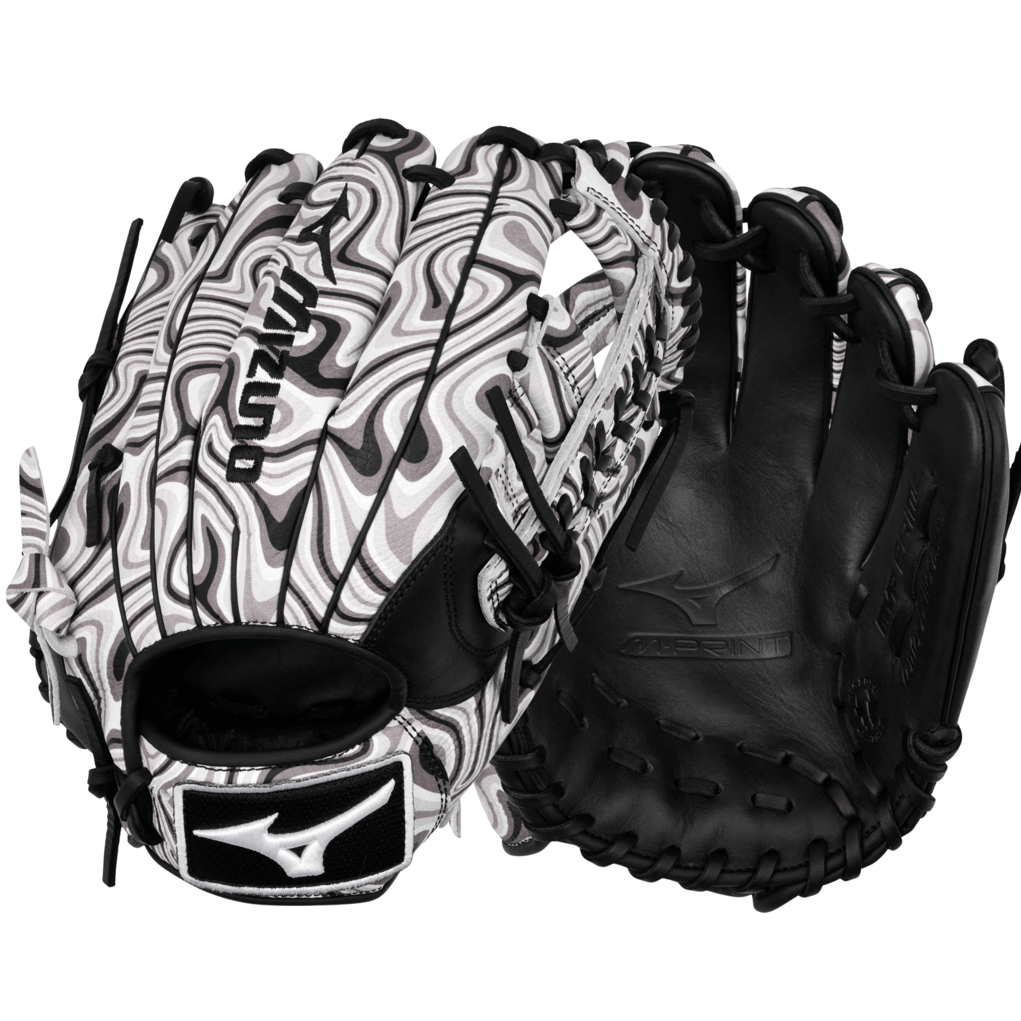 Mizuno GMVP-50MP MVP Prime 11.75" Oil Slick infield glove front and back view with M-Print full-grain leather design