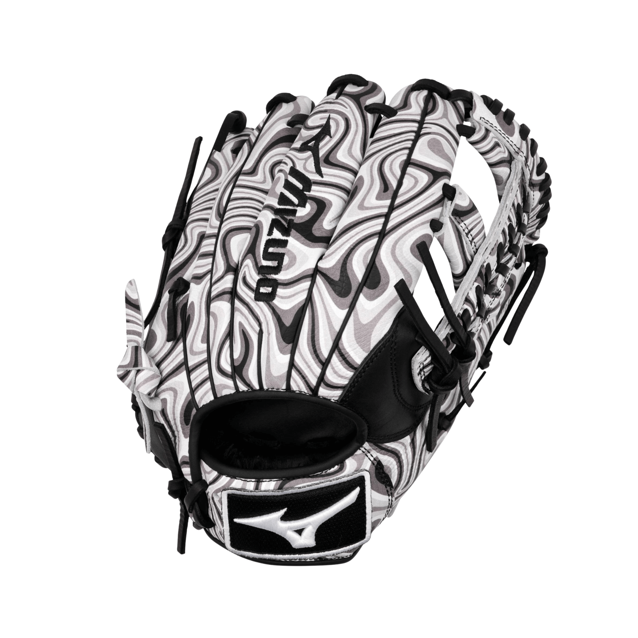 Mizuno GMVP-50MP MVP Prime 11.75" Oil Slick glove back view showing embroidered logo and professional-level lacing