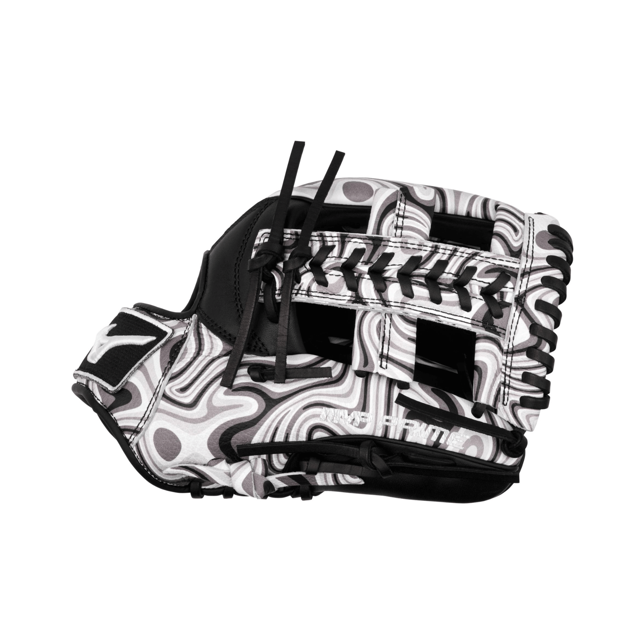 Mizuno GMVP-50MP MVP Prime 11.75" Oil Slick glove thumb detail with PlusGrip padded thumb slot and premium stitching