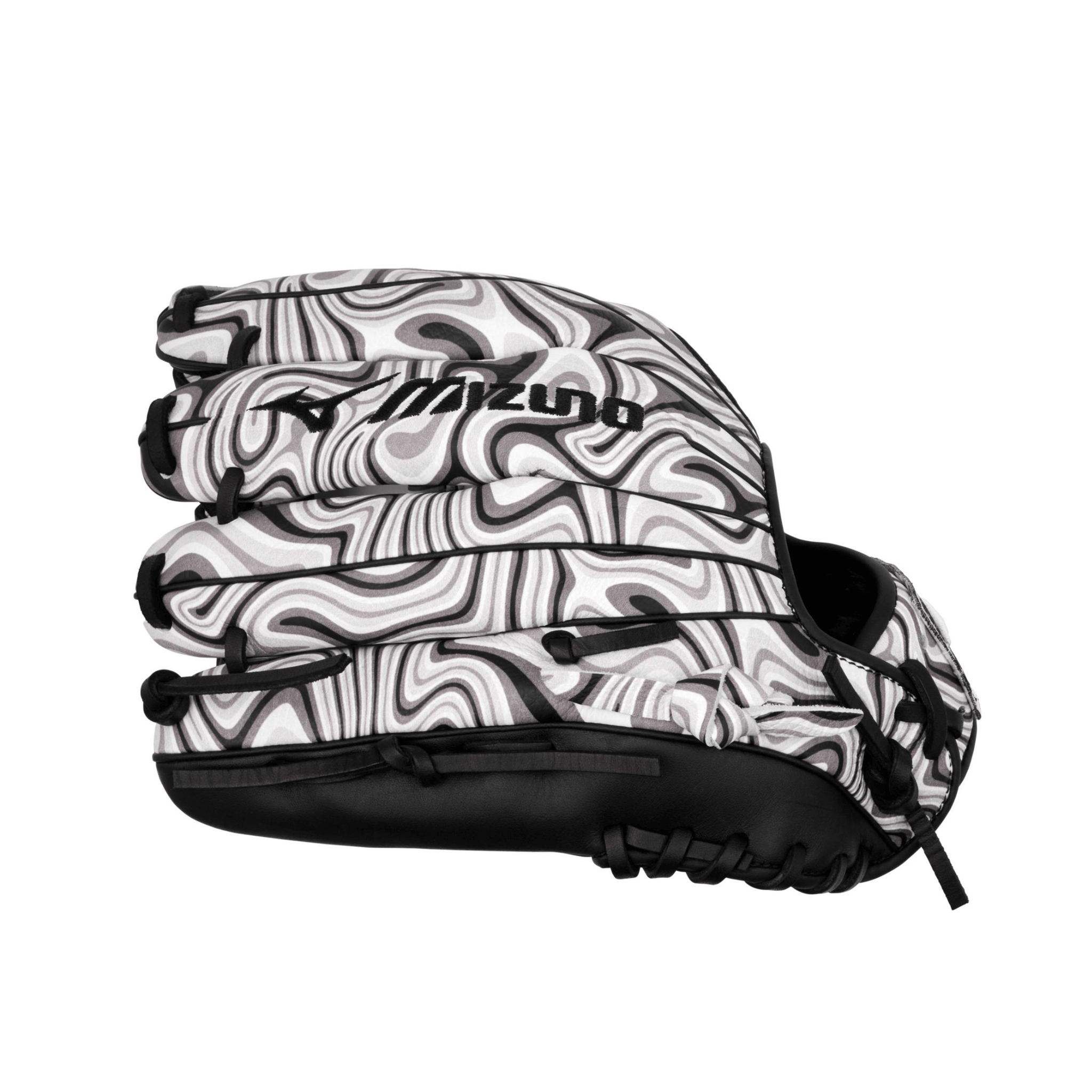 Mizuno GMVP-50MP MVP Prime 11.75" Oil Slick glove finger detail showing high-quality lacing and oil-slick print accents