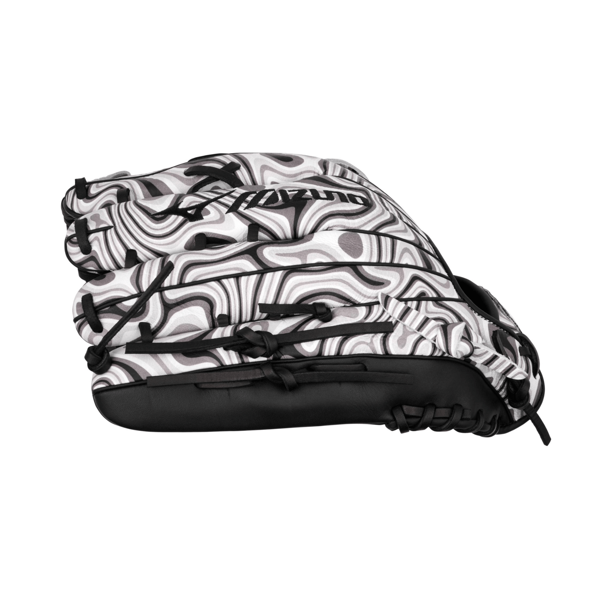 Mizuno GMVP-70MP MVP Prime 12.75" Oil Slick outfield glove finger detail showing high-quality lacing and oil-slick print accents