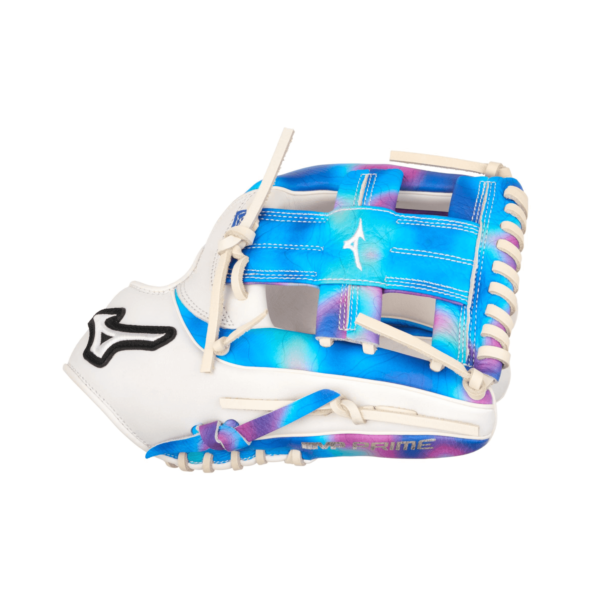 Mizuno GMVPF-50MP MVP Prime 11.75" Psychedelic softball glove thumb detail with PlusGrip padded thumb slot and premium stitching