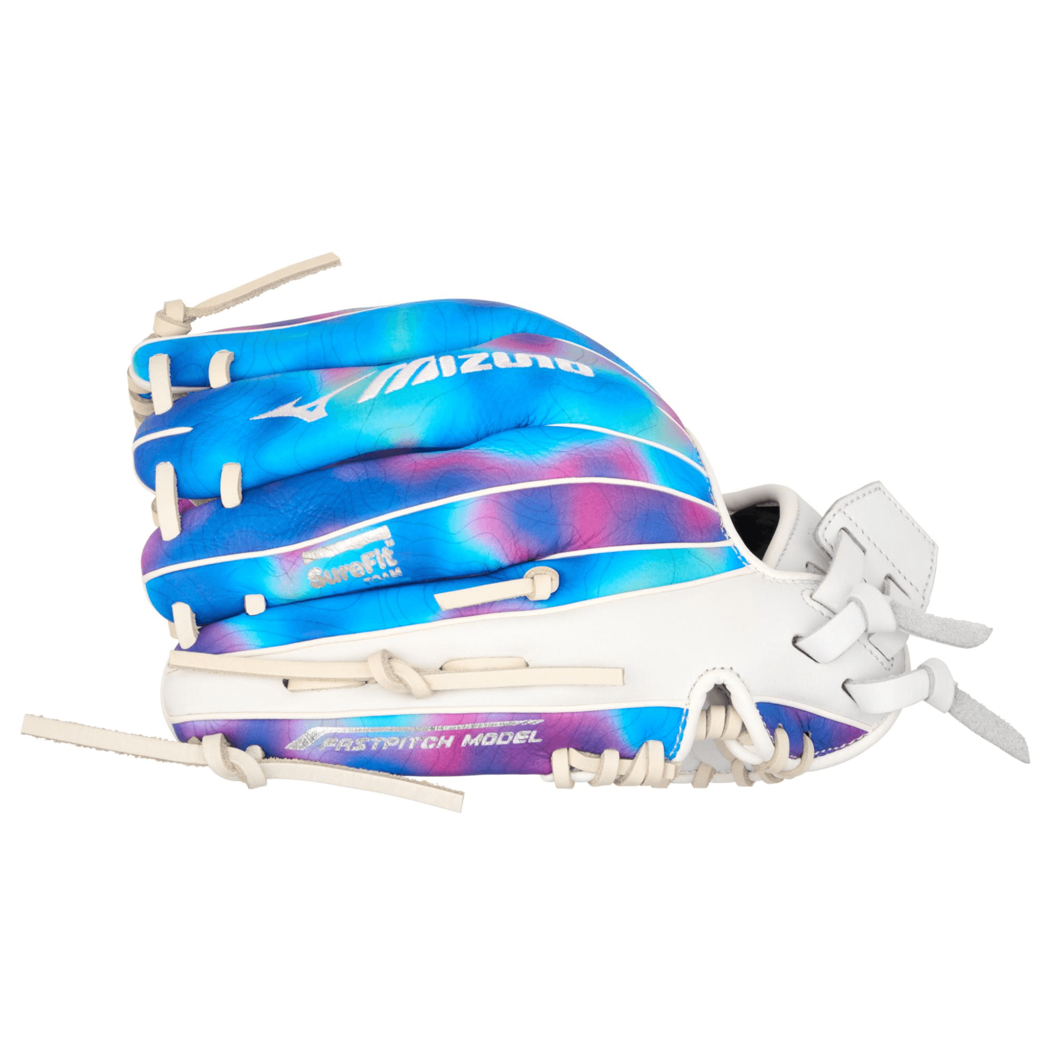 Mizuno GMVPF-50MP MVP Prime 11.75" Psychedelic softball glove finger detail showing high-quality lacing and colorful M-Print accents