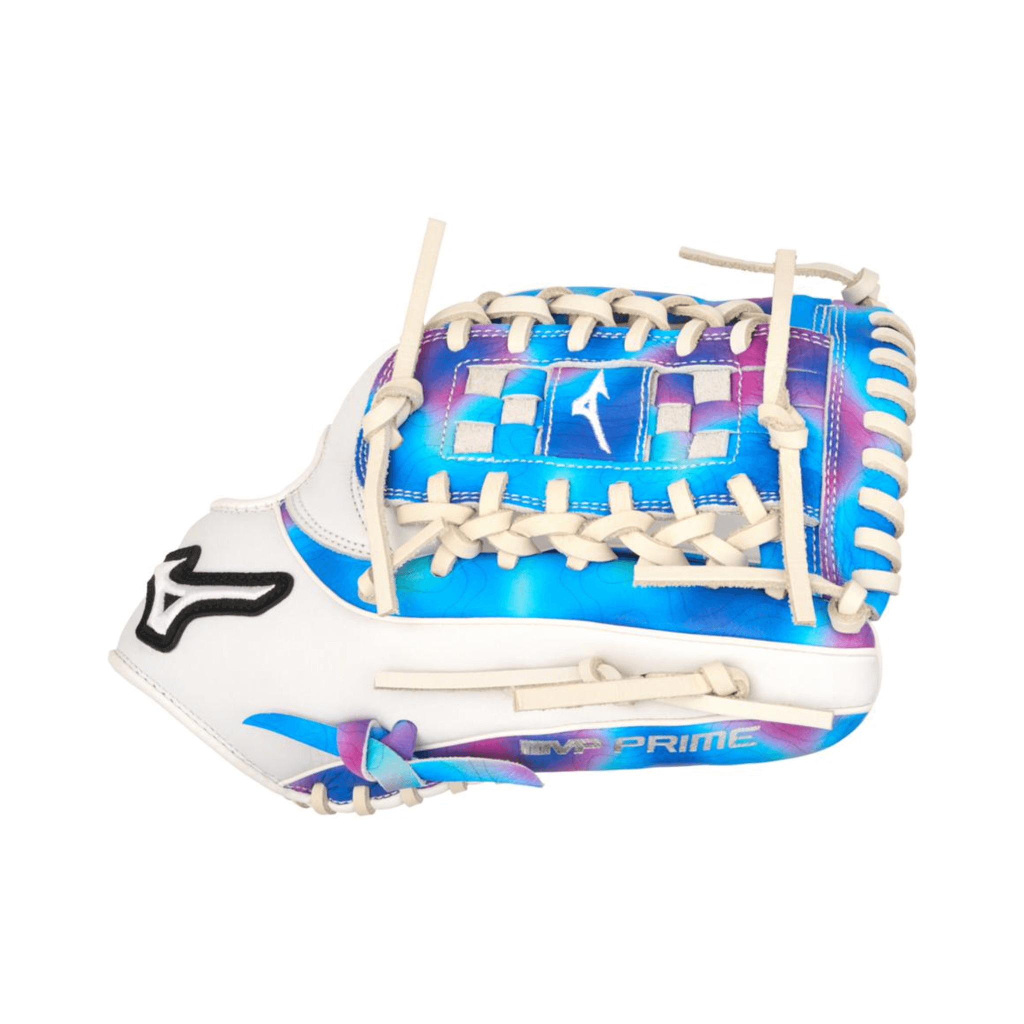 Mizuno GMVPF-10MP MVP Prime 12" Psychedelic softball glove thumb detail showing PlusGrip padded thumb slot and premium stitching
