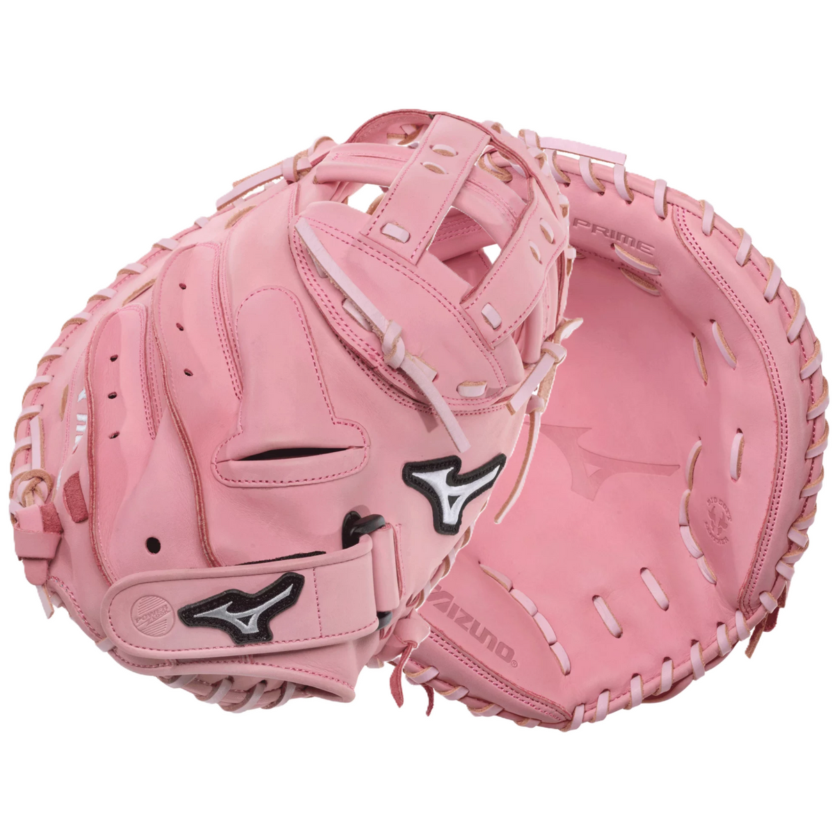 Mizuno MVP Prime 34" Fastpitch Softball Catcher's Mitt front and back views showcasing catching pocket and glove design