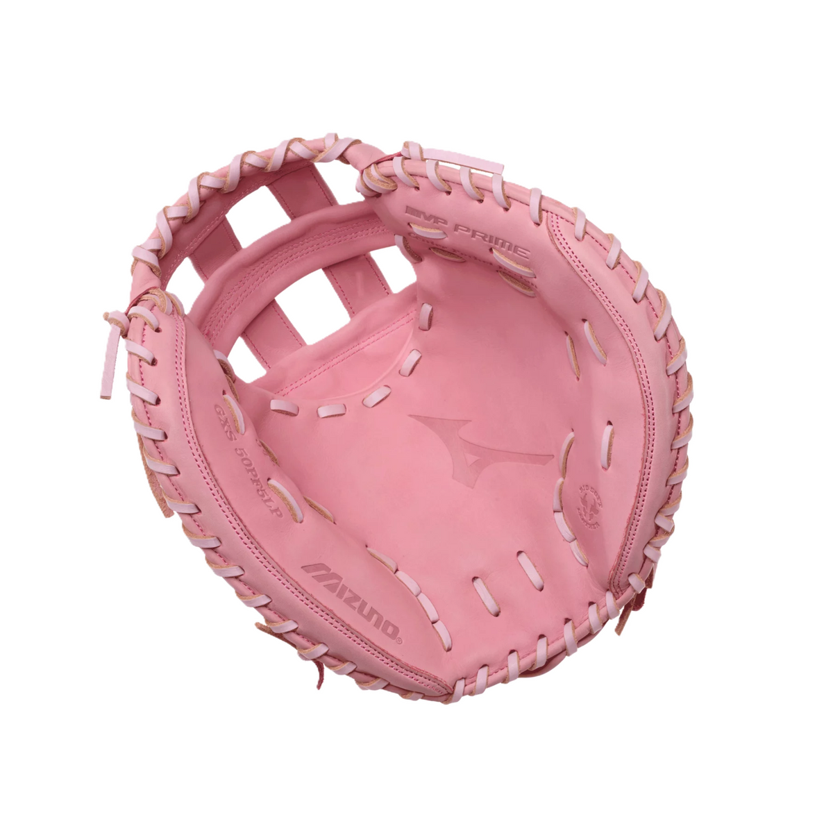 Mizuno MVP Prime 34" Fastpitch Softball Catcher's Mitt palm view showing Bio Soft Leather catching pocket and Parashock+ palm padding