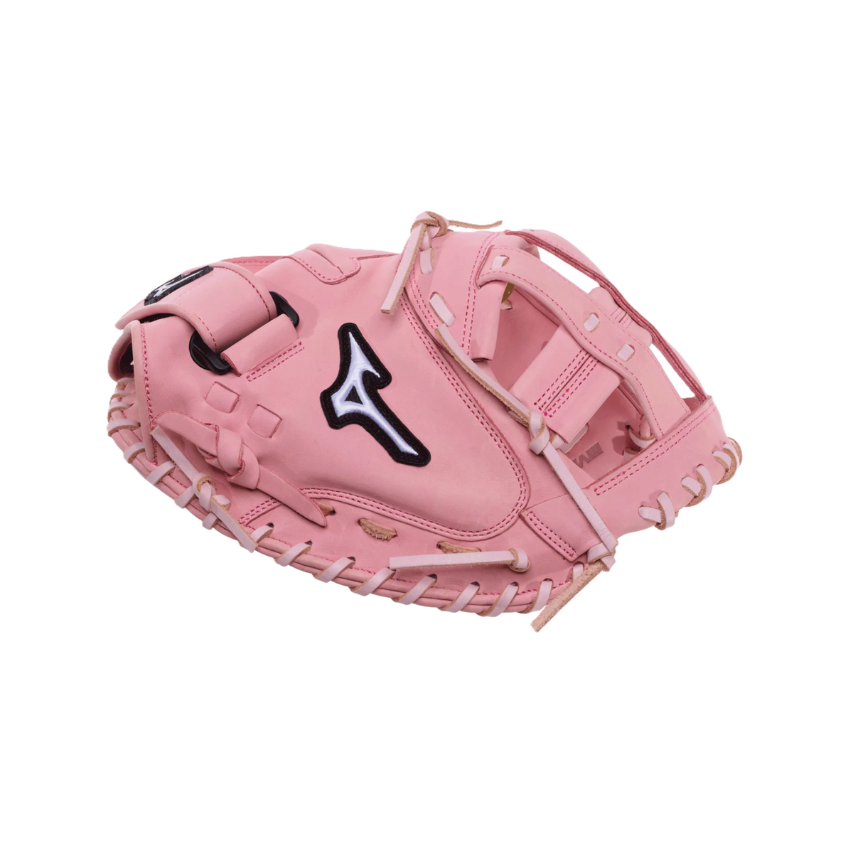 Mizuno MVP Prime 34" Fastpitch Softball Catcher's Mitt thumb detail showing durable leather construction and professional-level lace