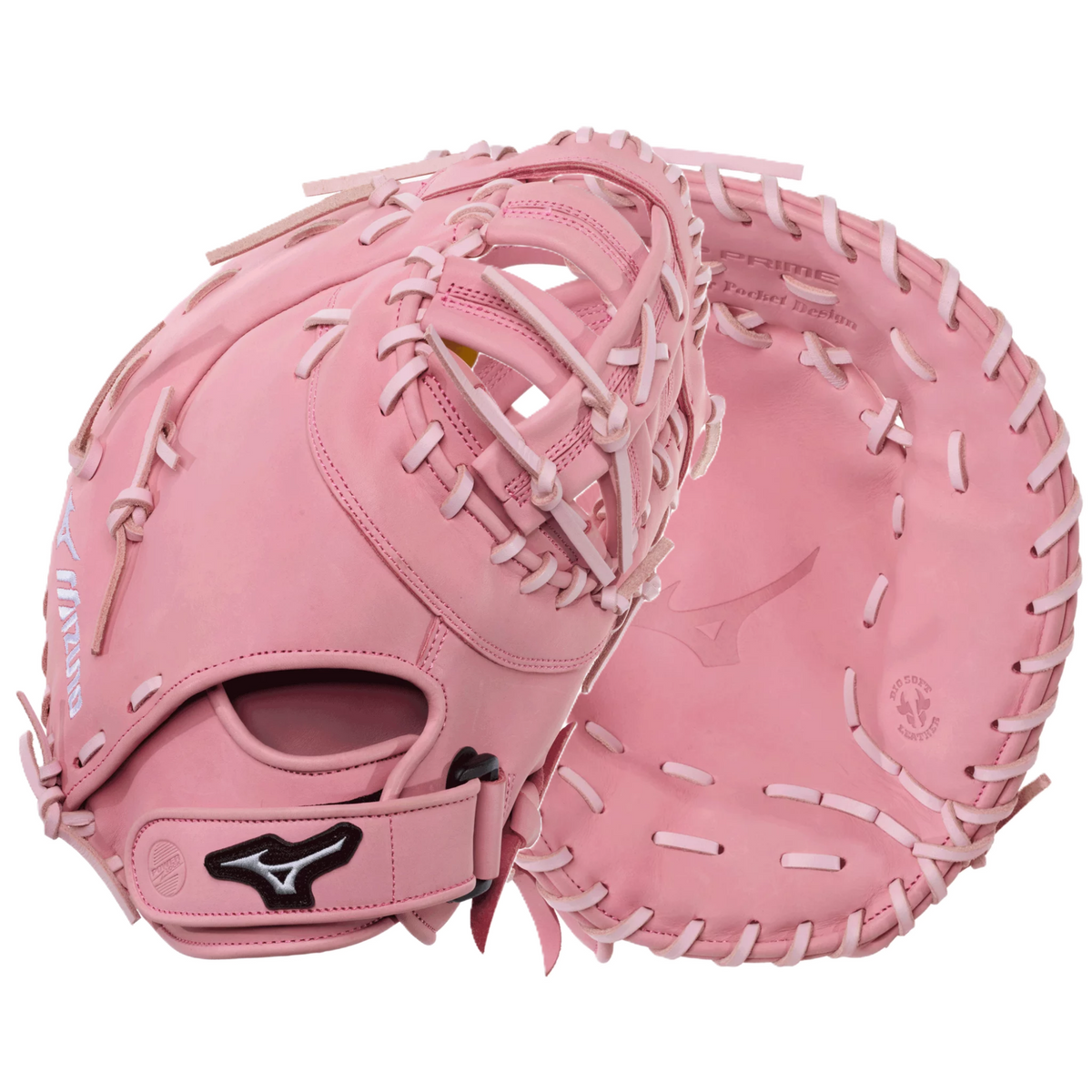 Mizuno MVP Prime 13" Fastpitch Softball First Base Mitt pink leather back and palm views featuring open laced web, Bio Soft Leather catching pocket, adjustable wrist strap, and Mizuno logo