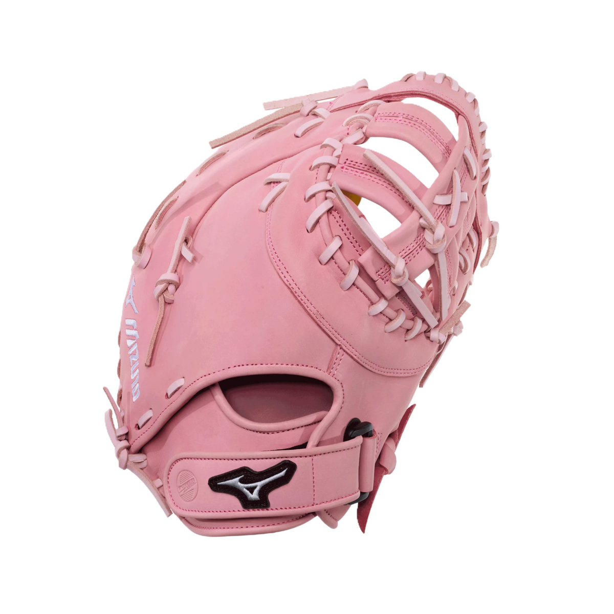 Mizuno MVP Prime 13" Fastpitch Softball First Base Mitt pink leather back view with open laced web, adjustable wrist strap, and Mizuno logo