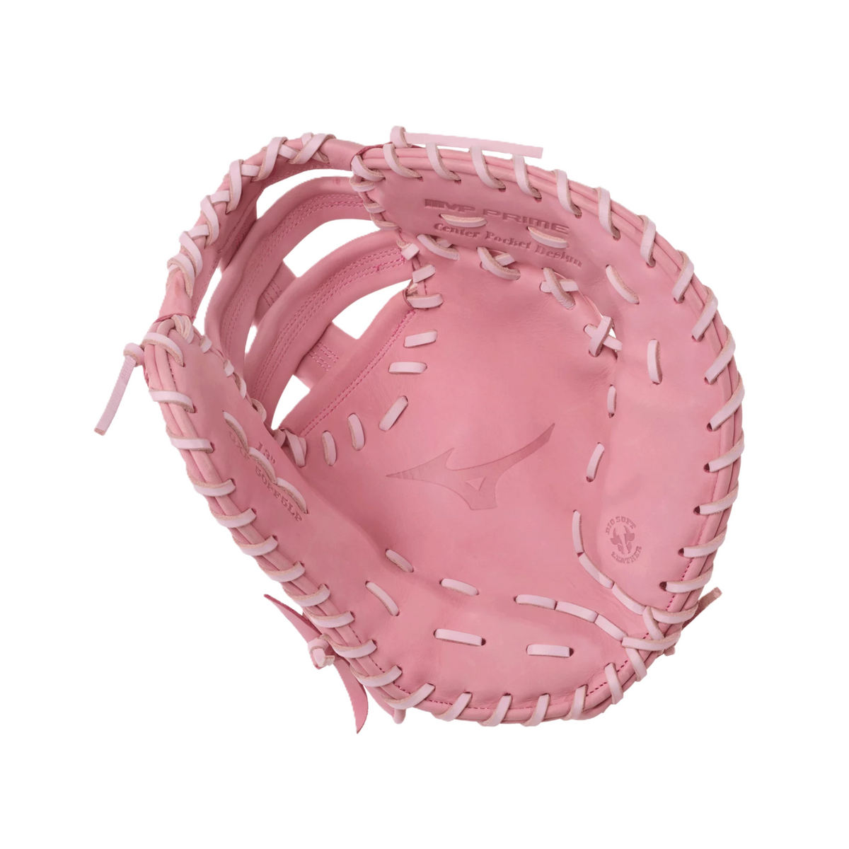 Mizuno MVP Prime 13" Fastpitch Softball First Base Mitt pink leather palm view showing deep catching pocket, Center Pocket Designed Pattern, and durable leather lacing