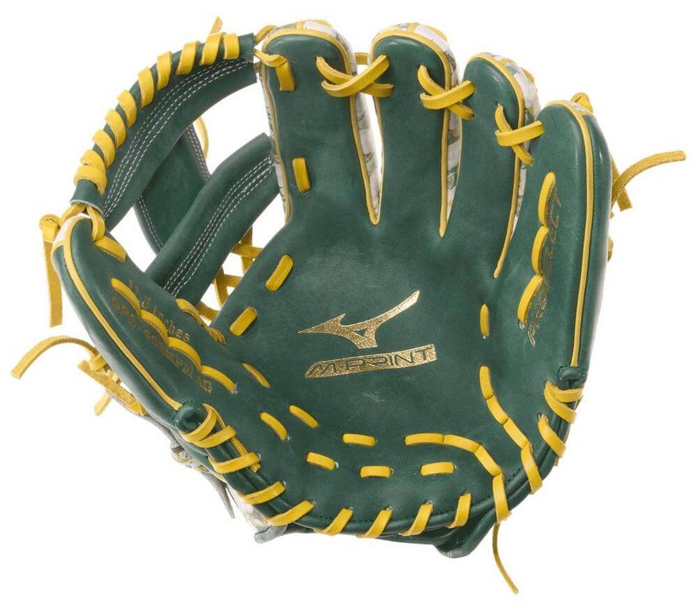Mizuno GPS-40RMPMAG Pro Select 11.5" Magnolia Gold Foil Baseball Glove RH with unique Magnolia M-Print and gold accents.