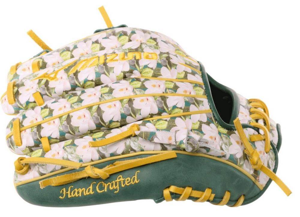 Mizuno GPS-40RMPMAG Pro Select 11.5" Magnolia Gold Foil Baseball Glove with floral design and gold accents for infield players.