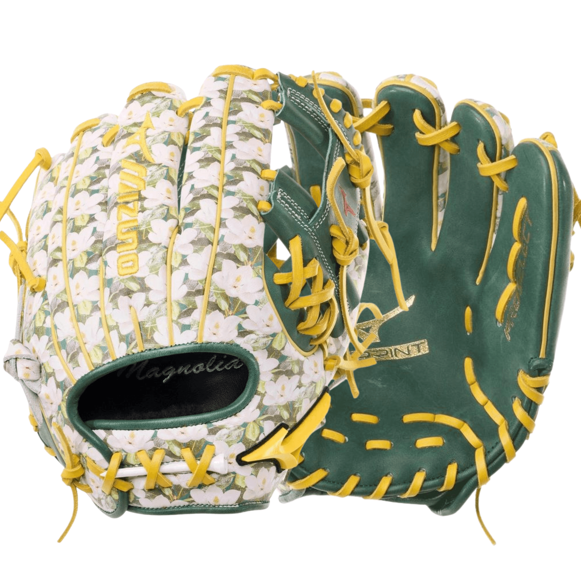 Mizuno GPS-40RMPMAG Pro Select baseball glove with Magnolia M-Print and gold foil accents, right-hand throw, 11.5-inch size