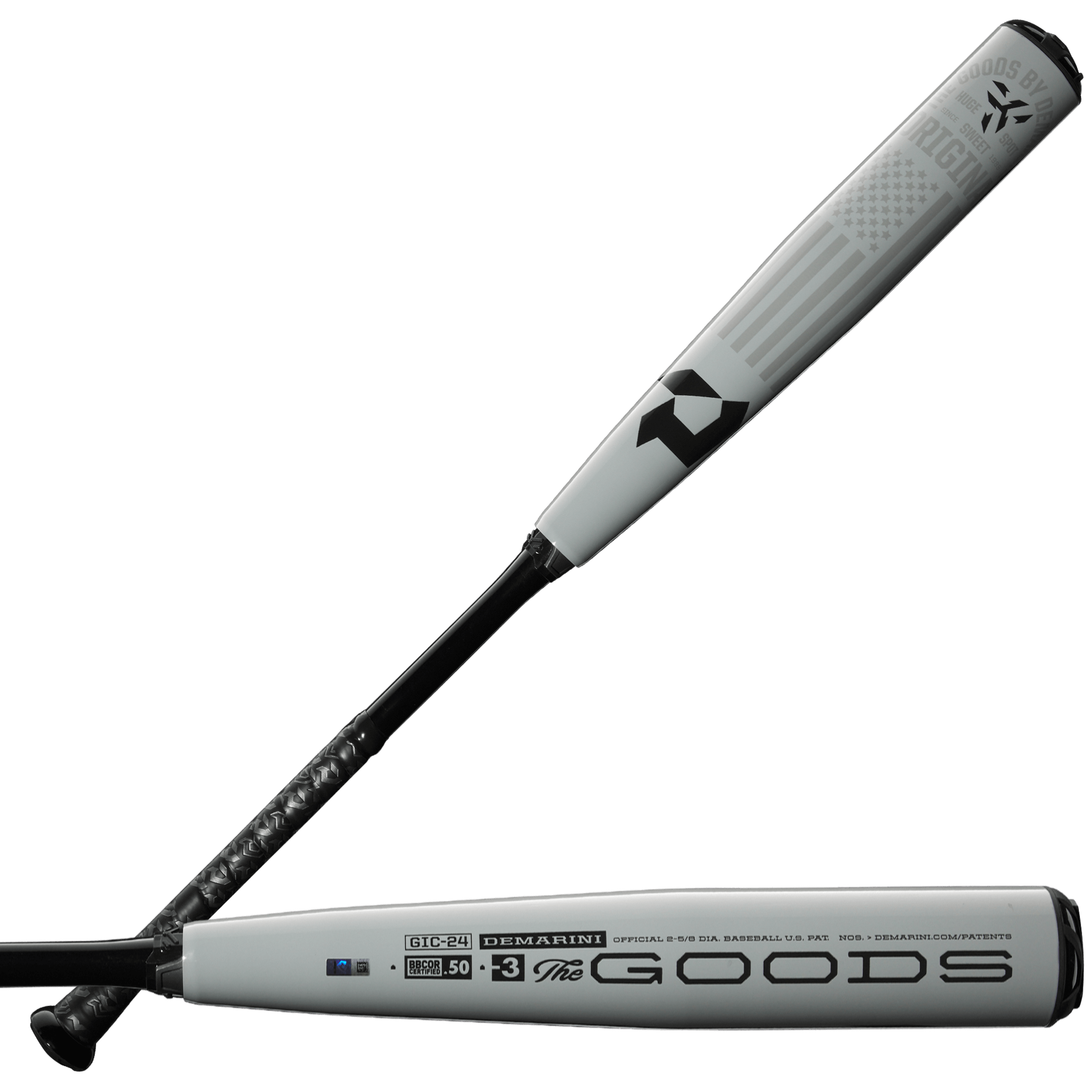 DeMarini 2024 The Goods One Piece (-3) BBCOR Bat showcasing X14 Alloy Barrel and USA flag decal.