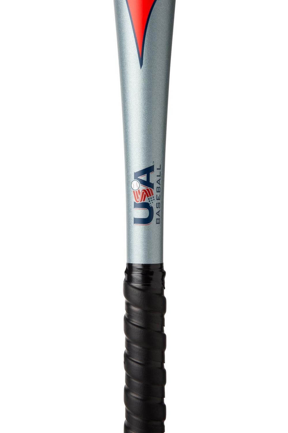 Mizuno B21-Pwr Alloy baseball bat handle, featuring USA Baseball logo and sleek silver design for optimal performance.