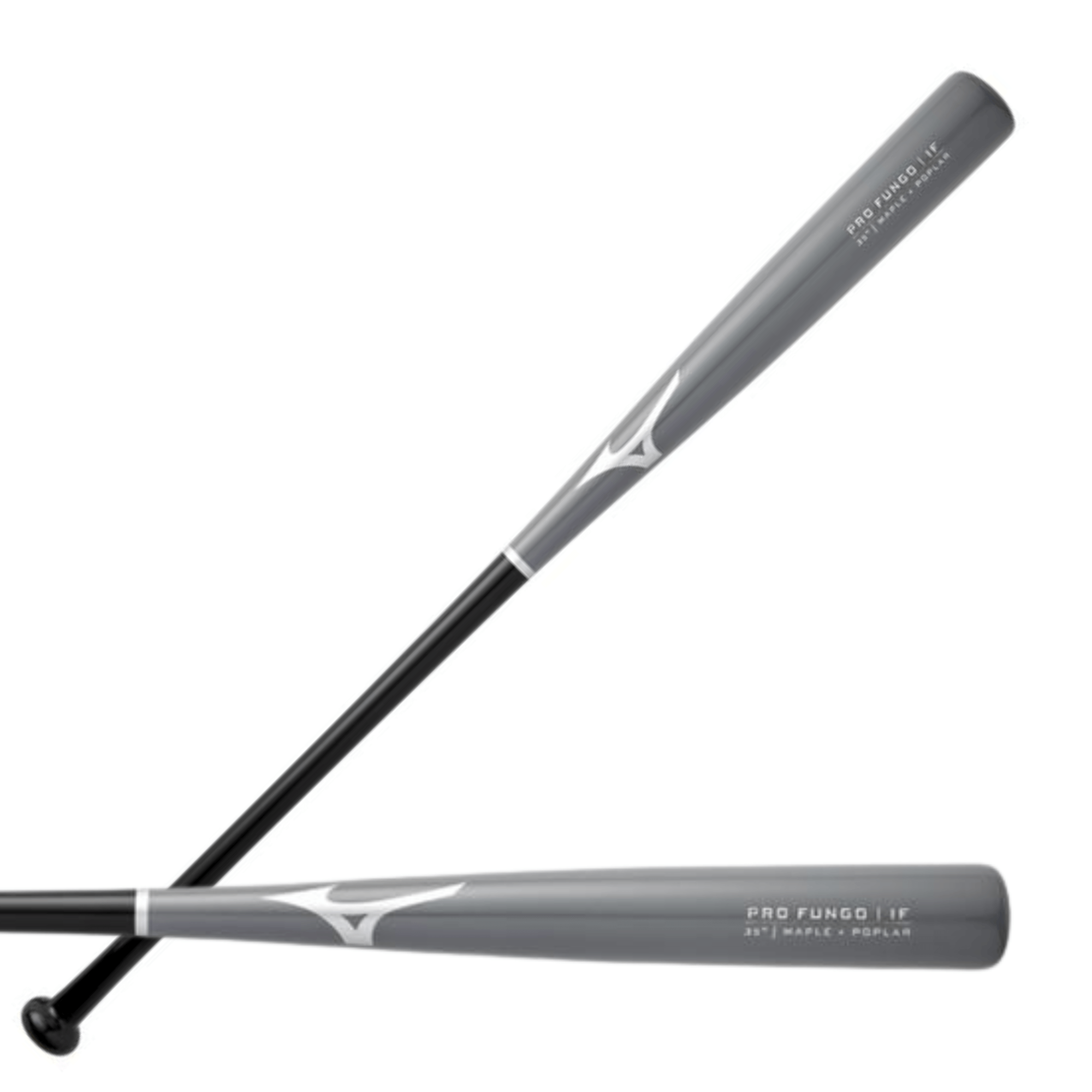 Mizuno Pro Fungo 35 in grey, a lightweight maple hybrid fungo bat designed for infield training with a glossy finish.