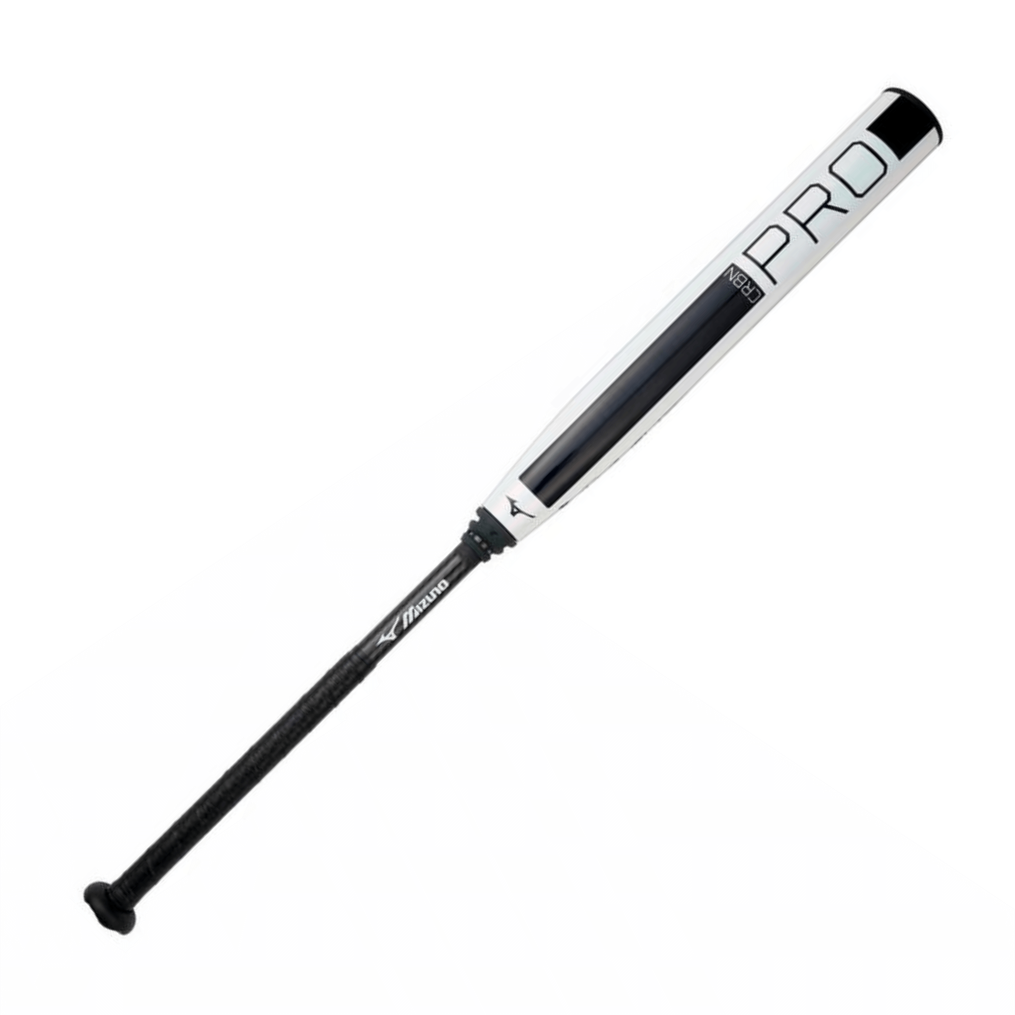 Mizuno CRBN PRO Pearl (-10) fastpitch softball bat back view with certification stamps and grip wrap