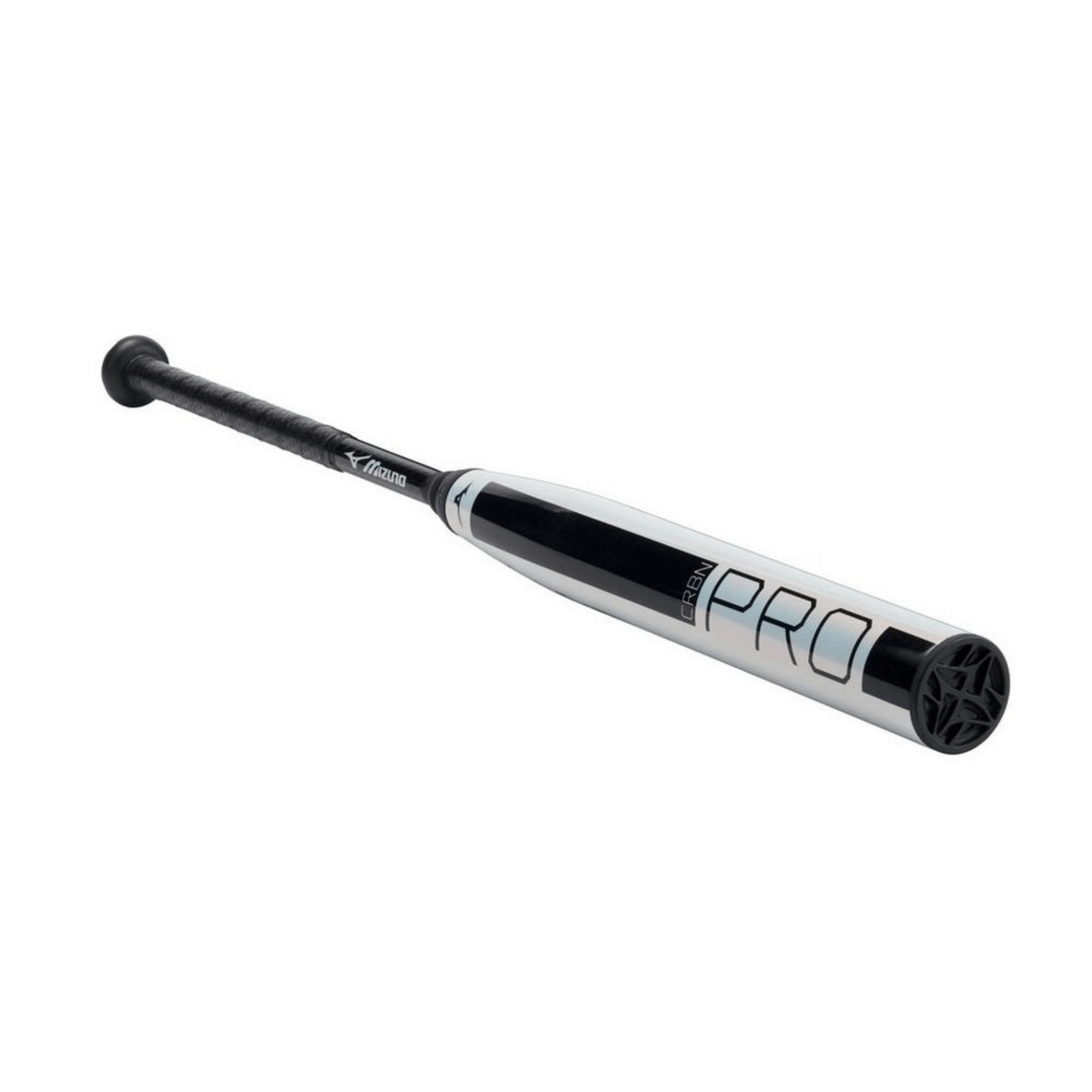 Mizuno CRBN PRO Pearl (-10) fastpitch softball bat barrel close-up showing Black Onyx Carbon™ construction and pearl color finish