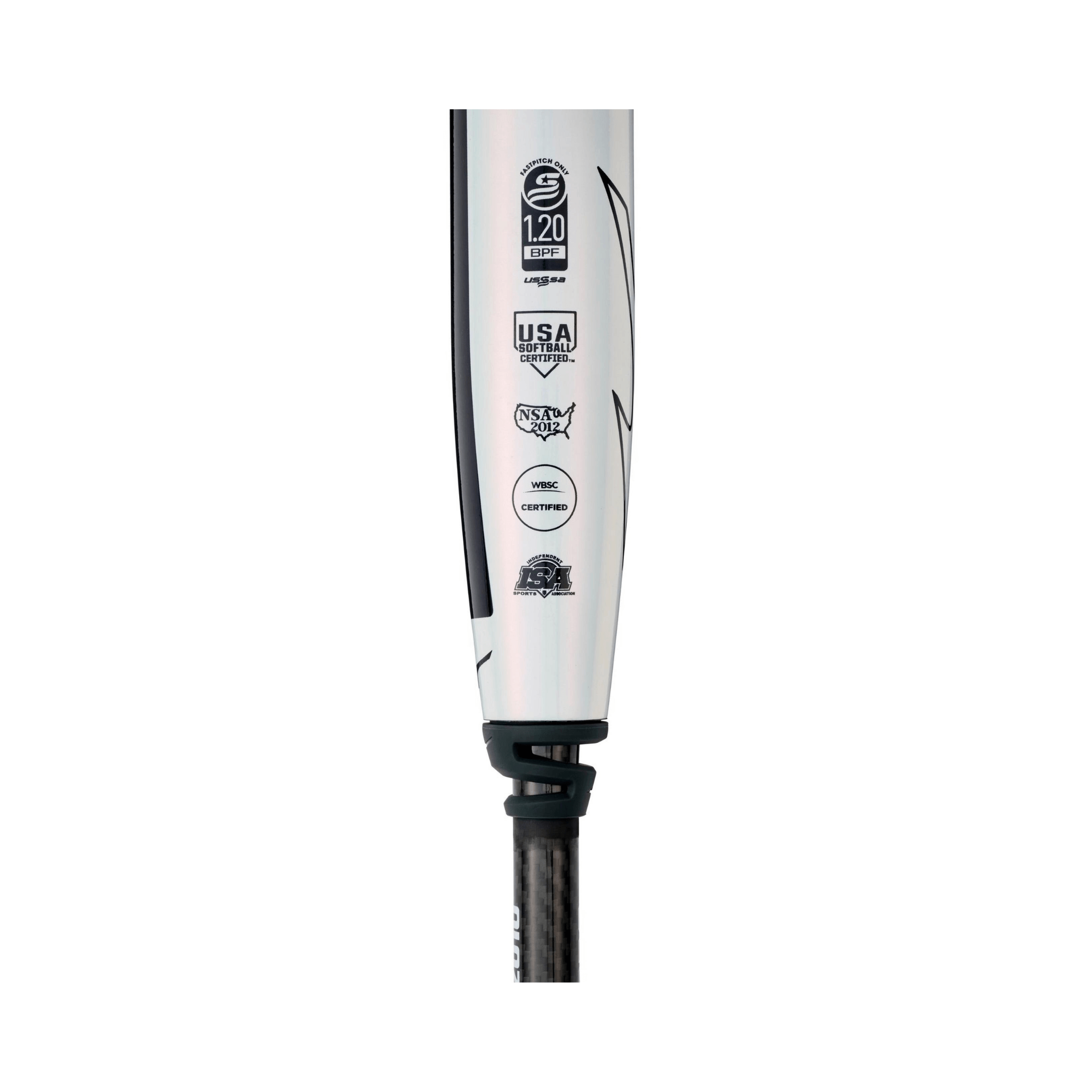 Mizuno CRBN PRO Pearl (-10) fastpitch softball bat taper section close-up with smooth transition for comfort