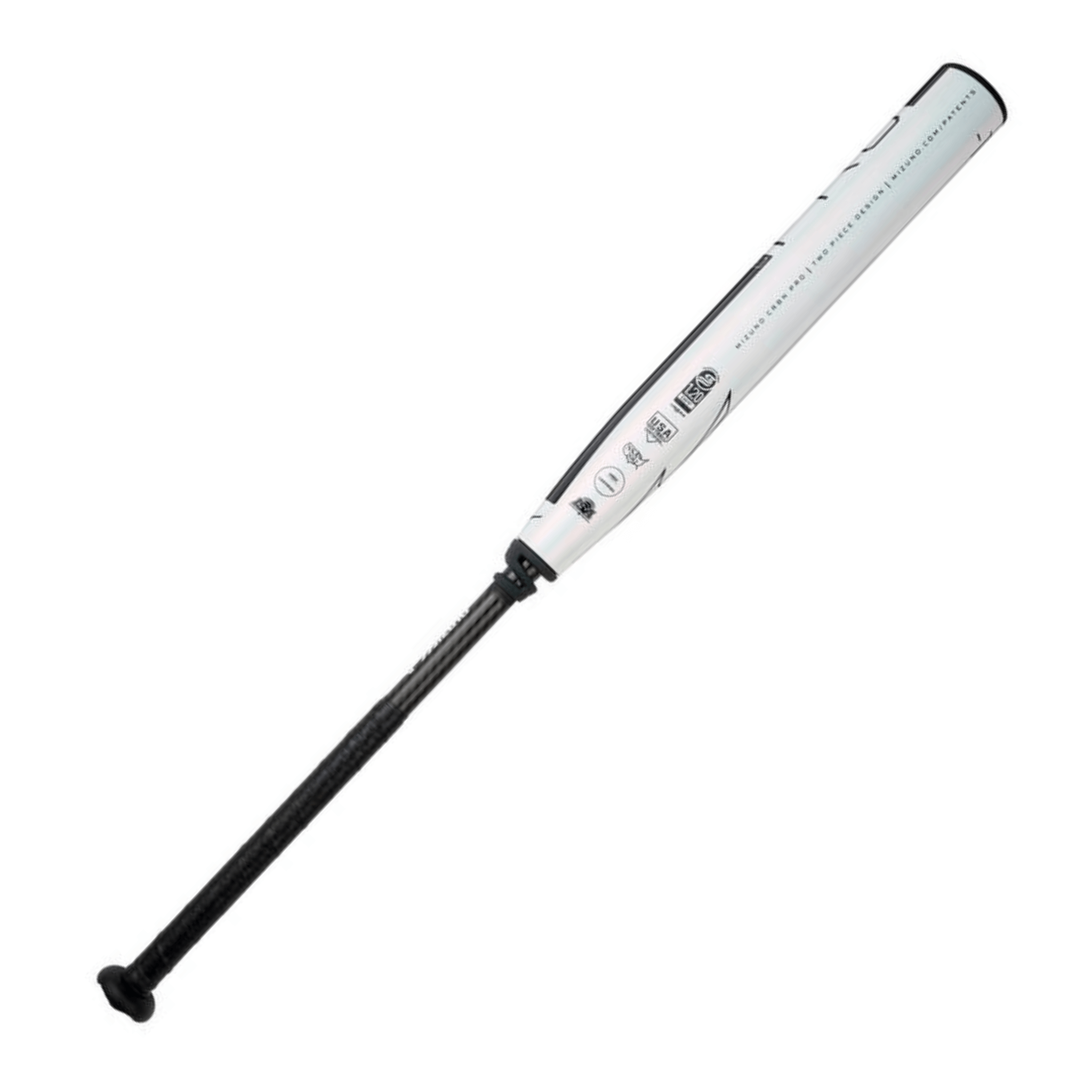 Mizuno CRBN PRO Pearl (-10) fastpitch softball bat side view showing sleek profile, graphics, and balanced design