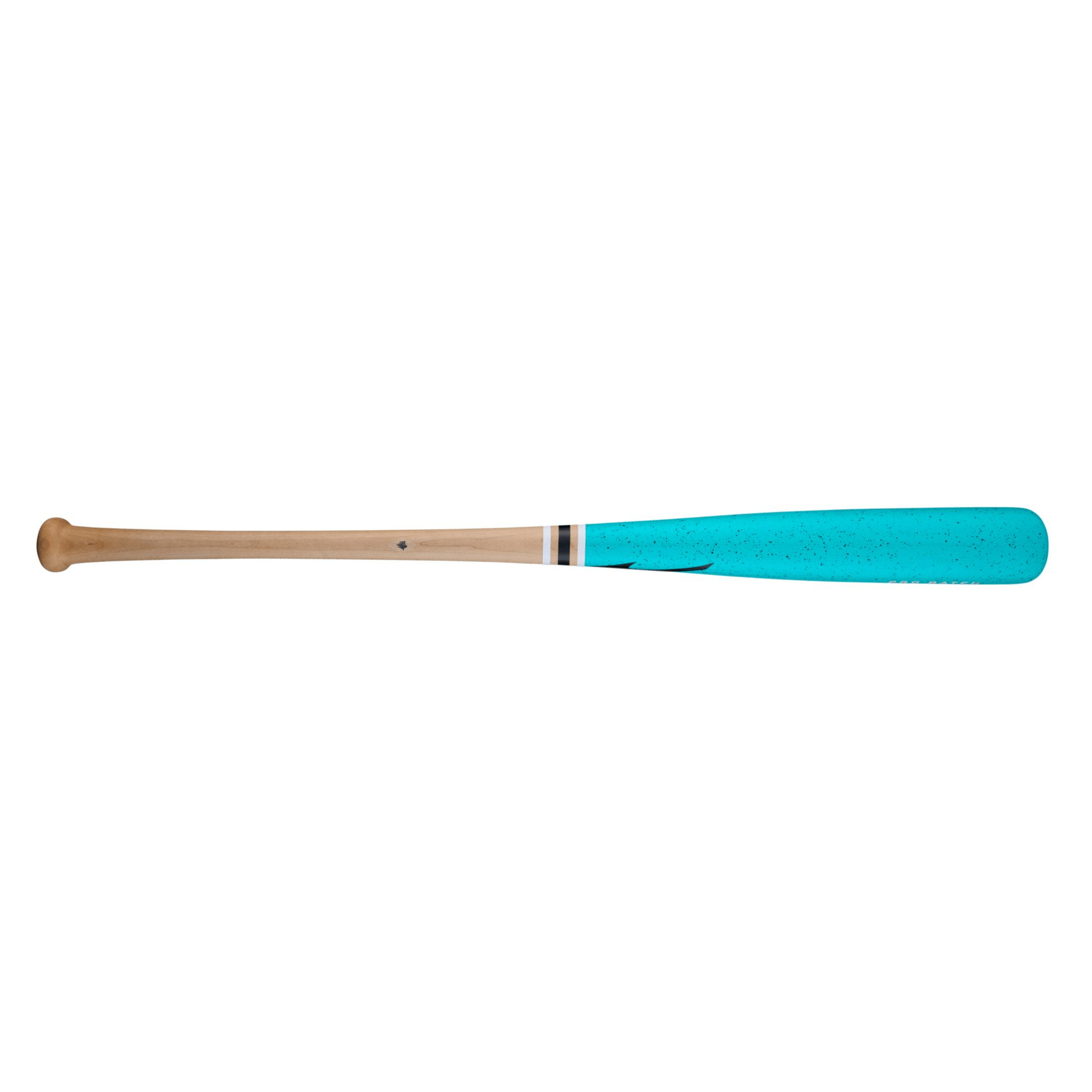 Mizuno Pro MZM 110 Teal Green Maple wood bat barrel close-up showing Rock Hard Maple grain, compressed surface, and glossy finish