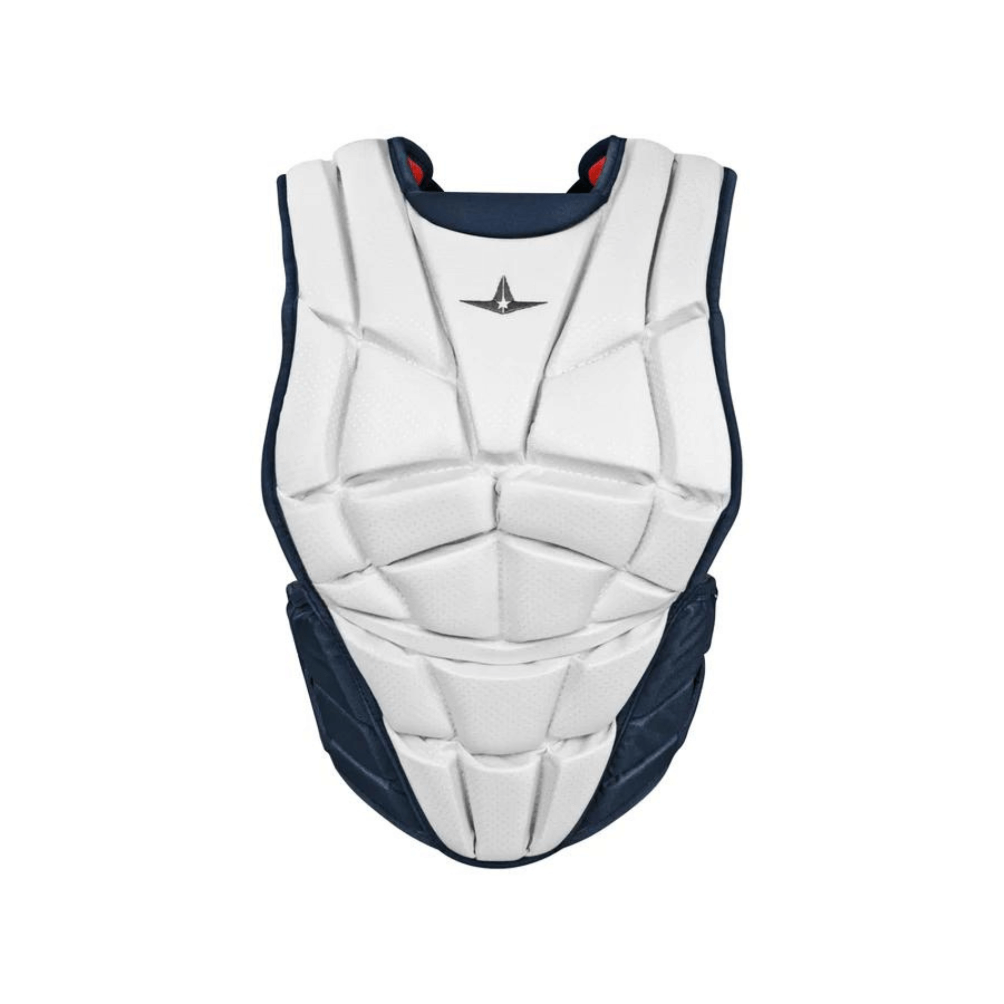 All-Star AFx Fastpitch Chest Protector in white and navy, designed for elite female catchers with lightweight, breathable materials.