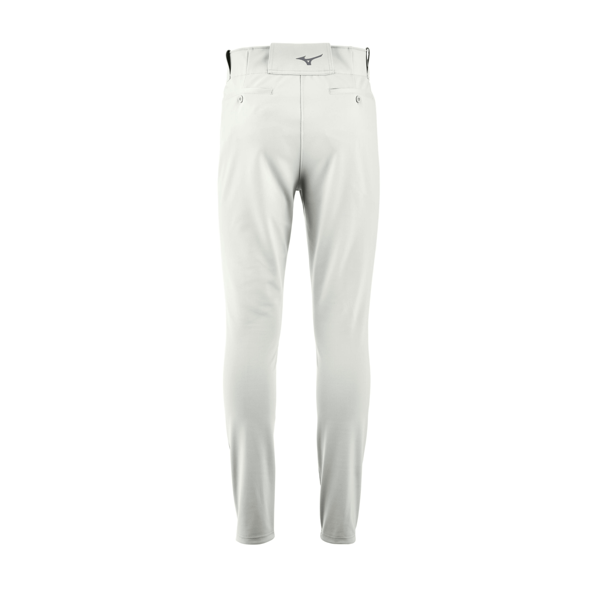 Mizuno Premier Pro Tapered Pant in light gray, featuring fitted design, 92% polyester, and 8% spandex for flexibility and style.