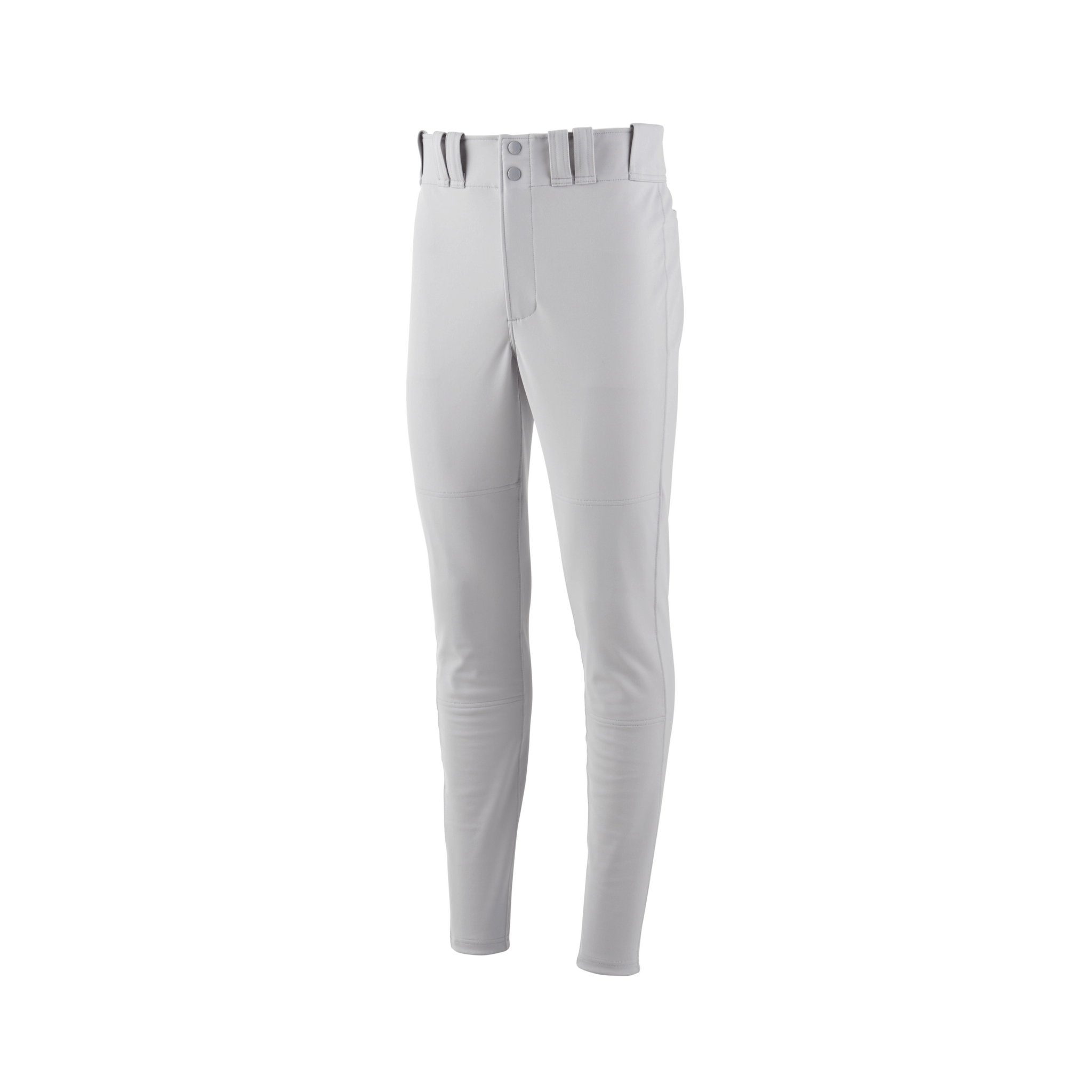 Front view of Mizuno Youth Premier Pro Tapered Baseball Pant in grey, showcasing tapered athletic fit and durable stretch fabric.